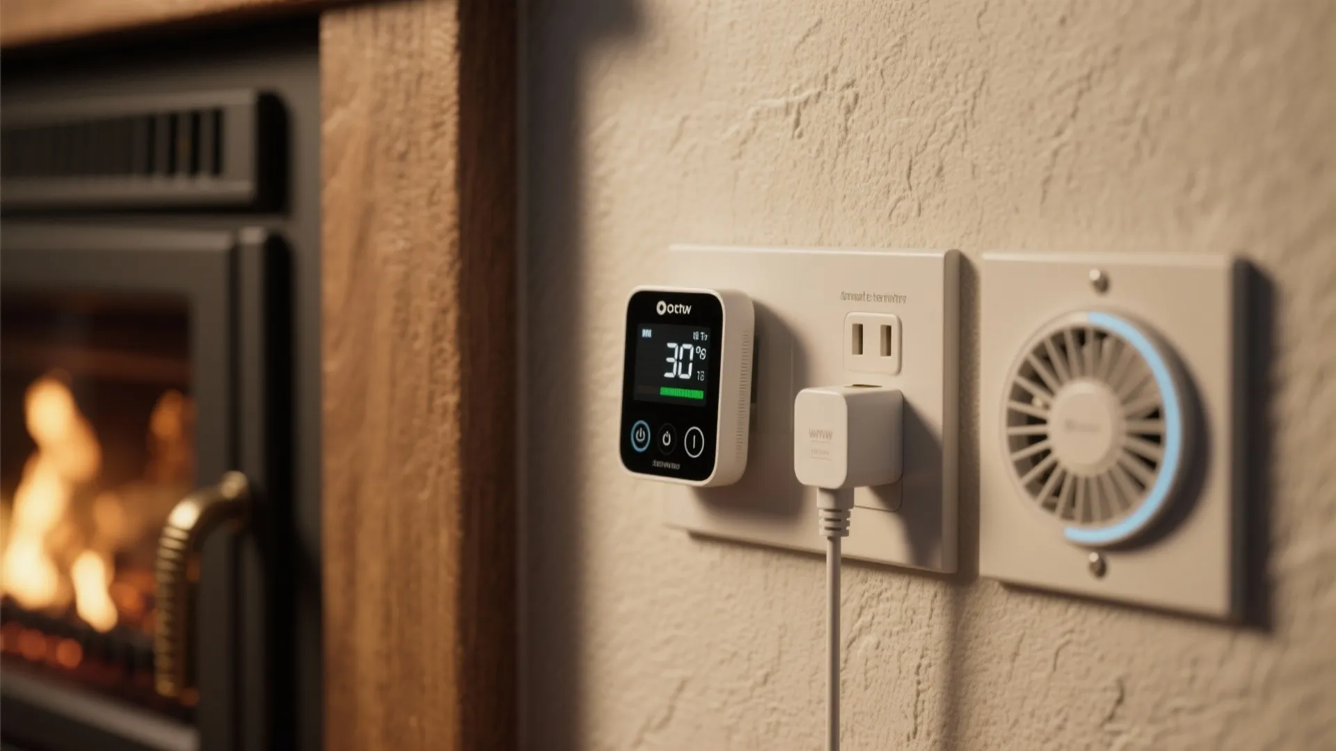 Close-up of a smart thermostat, smart plug, and inline fan used for zoning a pellet stove in a small home.