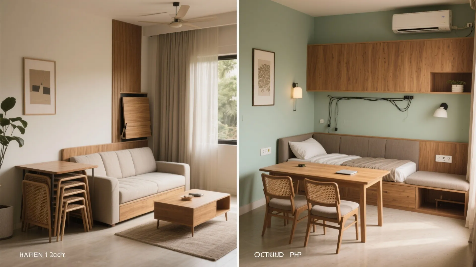 2) Convertible living: sofa-beds and fold-down dining