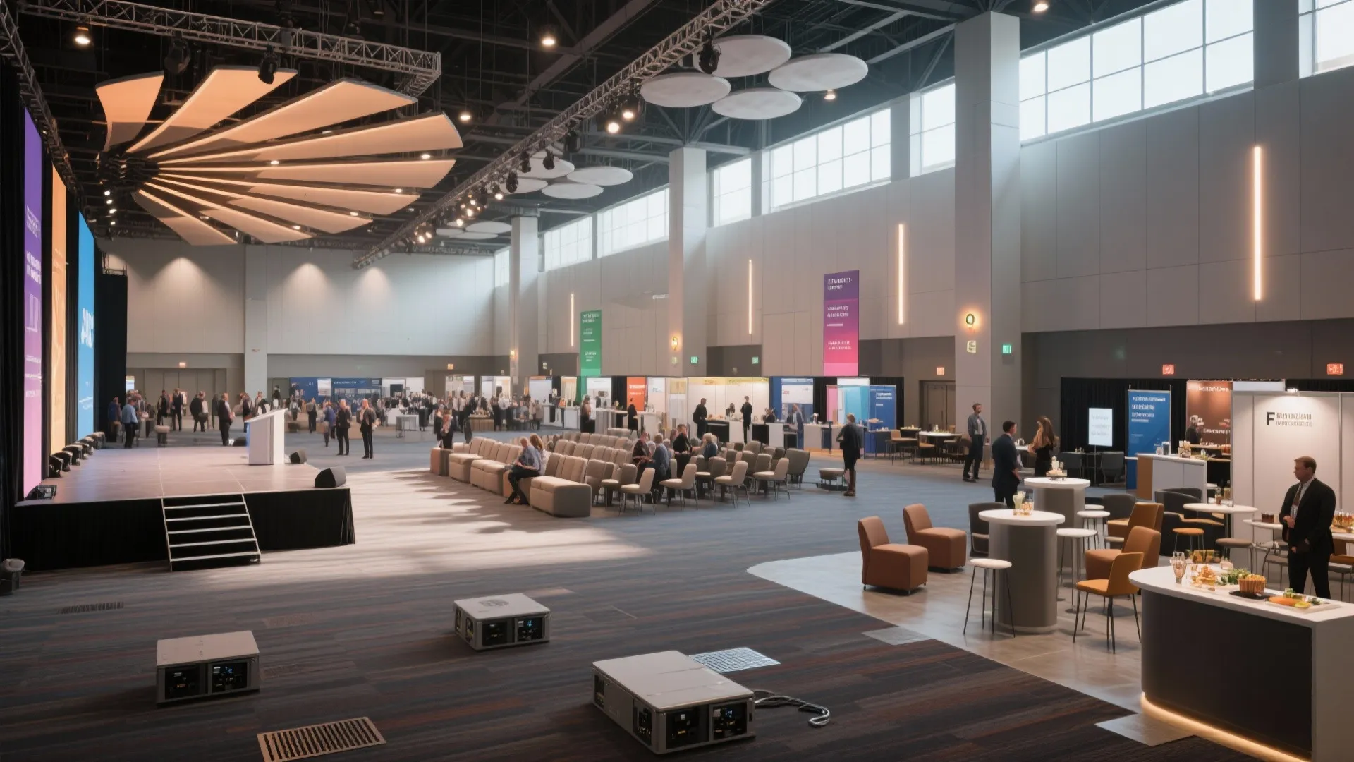 Large modern convention hall with seating rows, stage, exhibition booths, high ceilings, and natural light