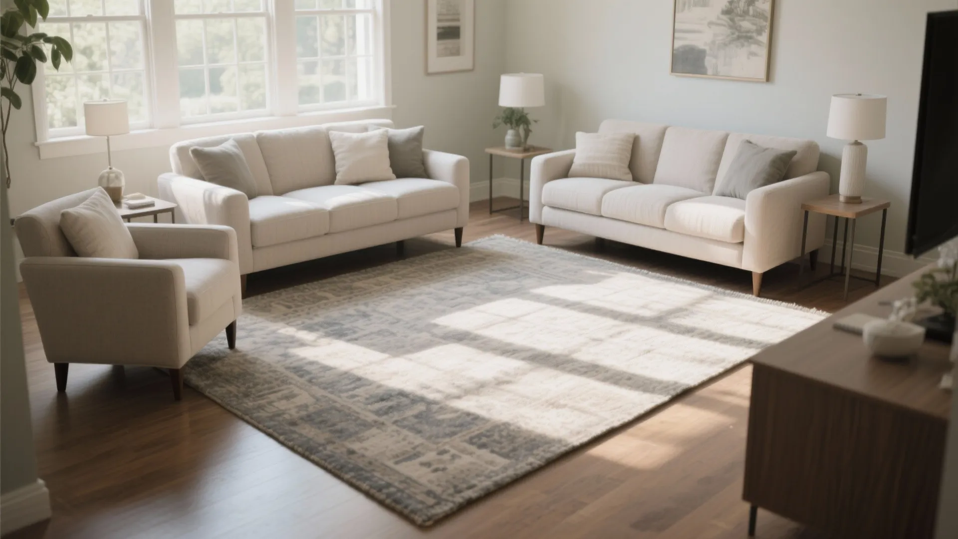 Spacious living room featuring white sofas large area rug wooden floor and bright natural light