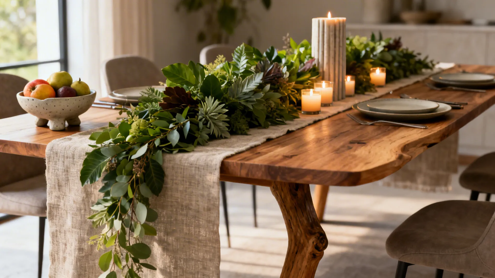 Wooden dining table with green plant runner decoration and lit candles next to fruit bowl