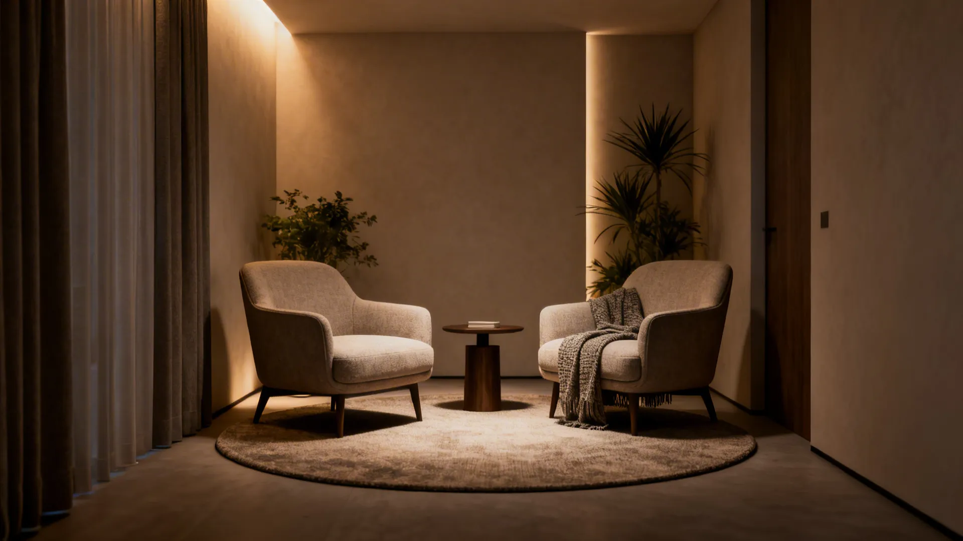 Two compact armchairs angled over a round rug creating a cozy conversation zone in a narrow room.