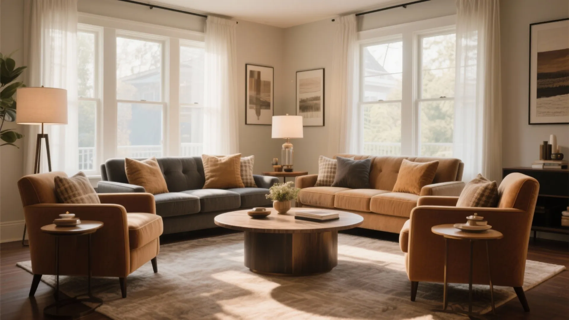 Living room seating area with two sofas and two armchairs arranged around round wooden table