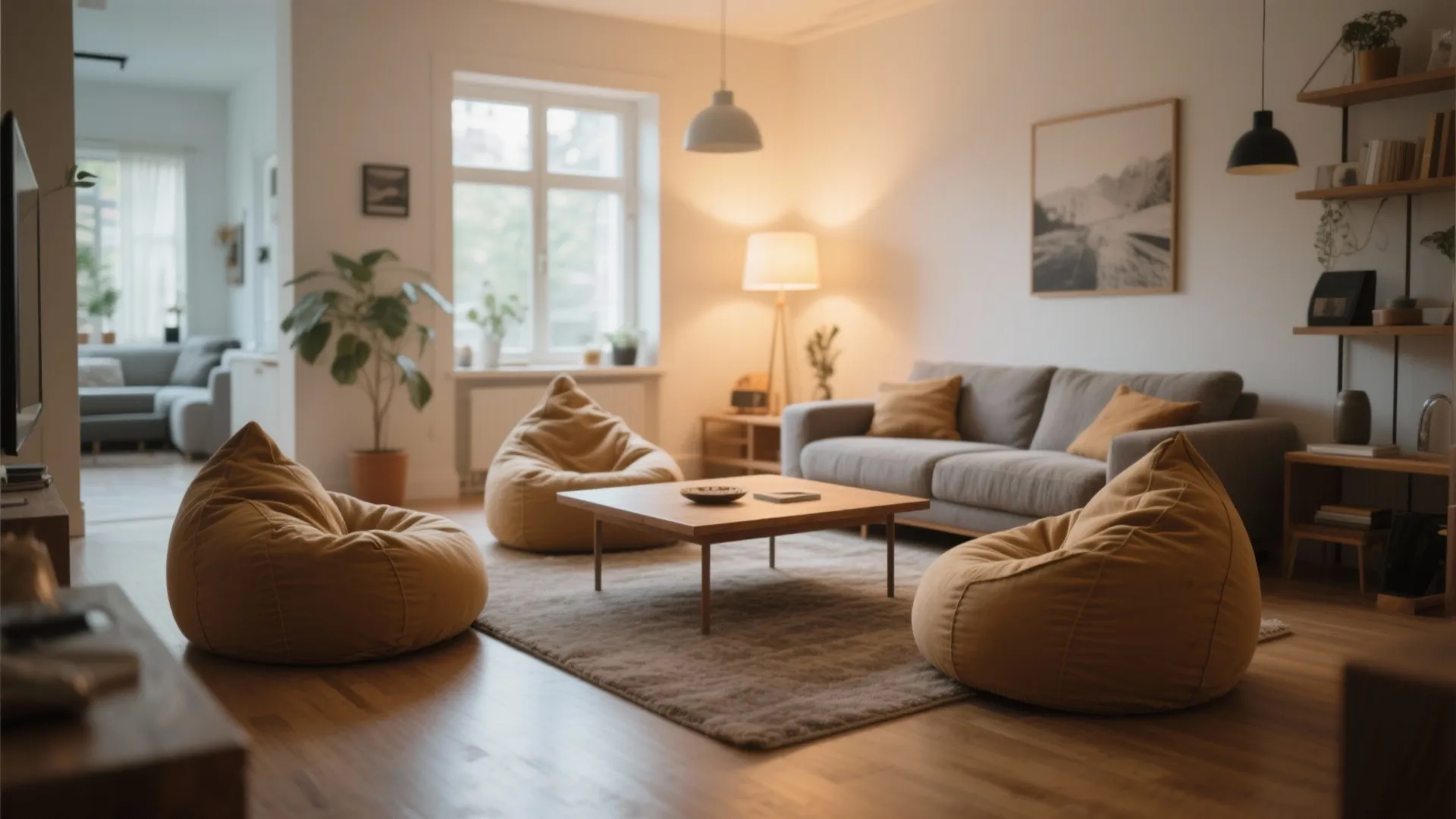Bean bags arranged in a circle around coffee table