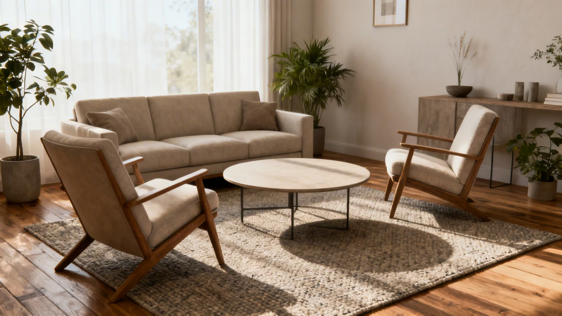 Living room with beige sofa, two wooden chairs, round coffee table, rug, and green plants