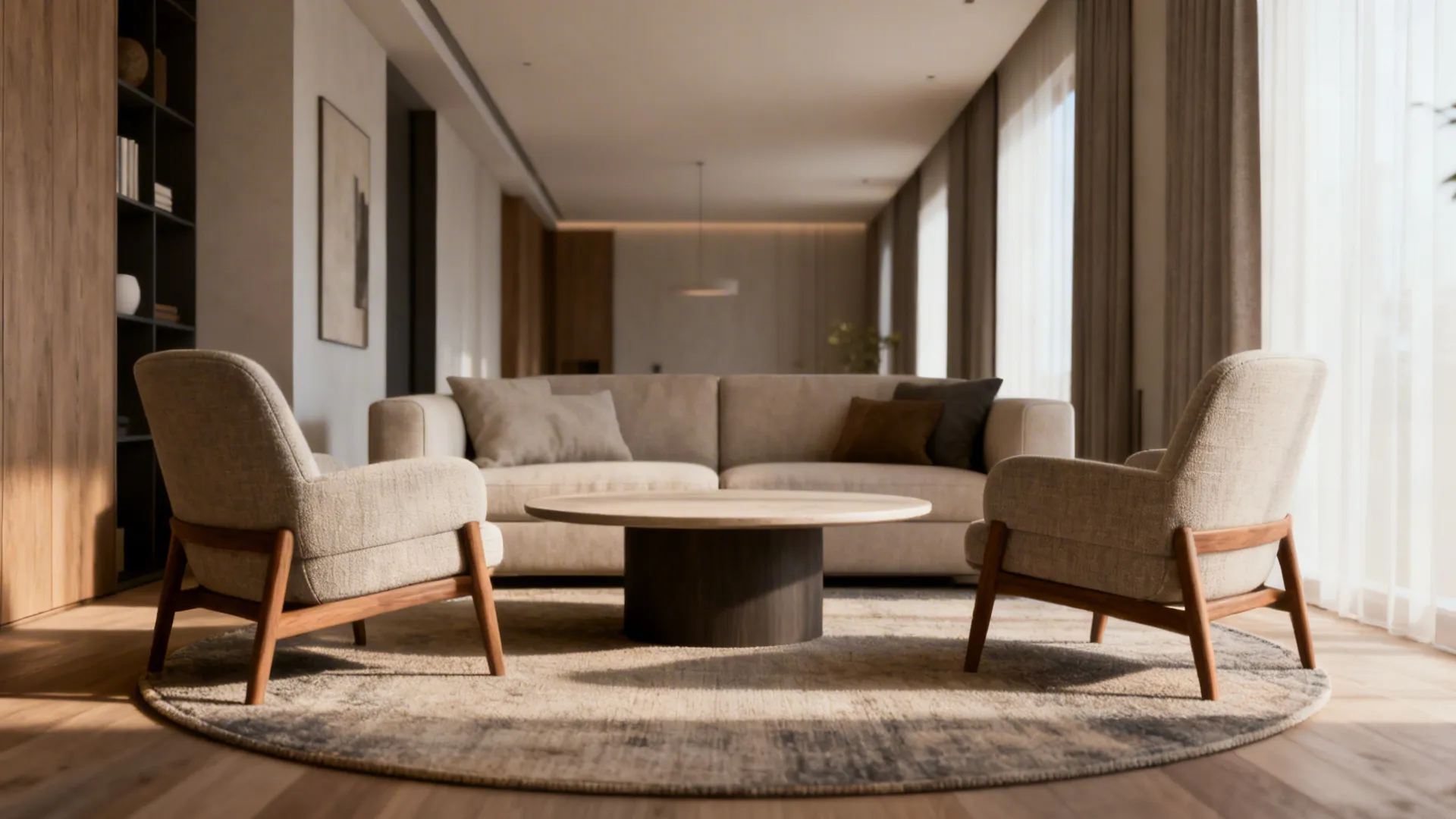 Narrow apartment conversation circle with a sofa facing two chairs and a round coffee table