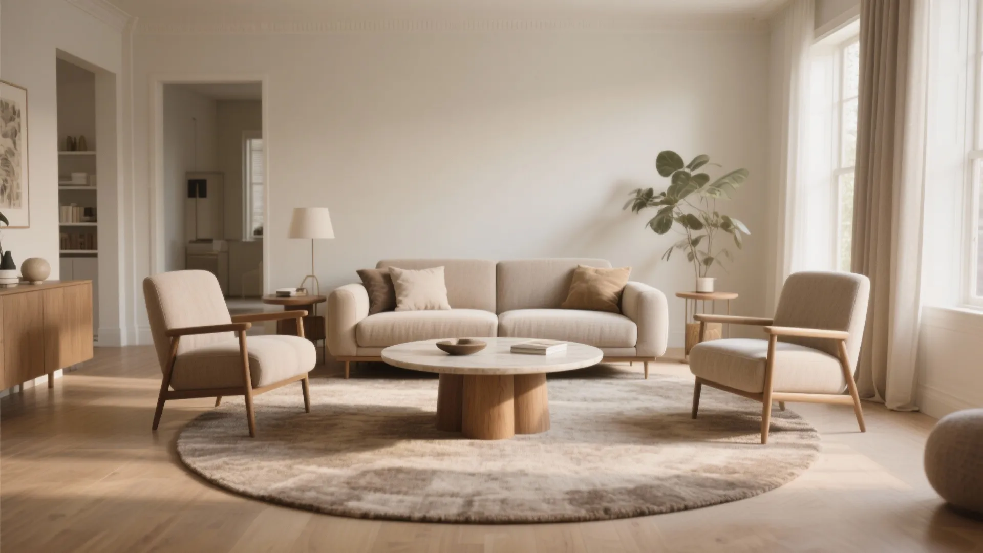 Bright living room with round rug circular coffee table two armchairs sofa and green indoor plant
