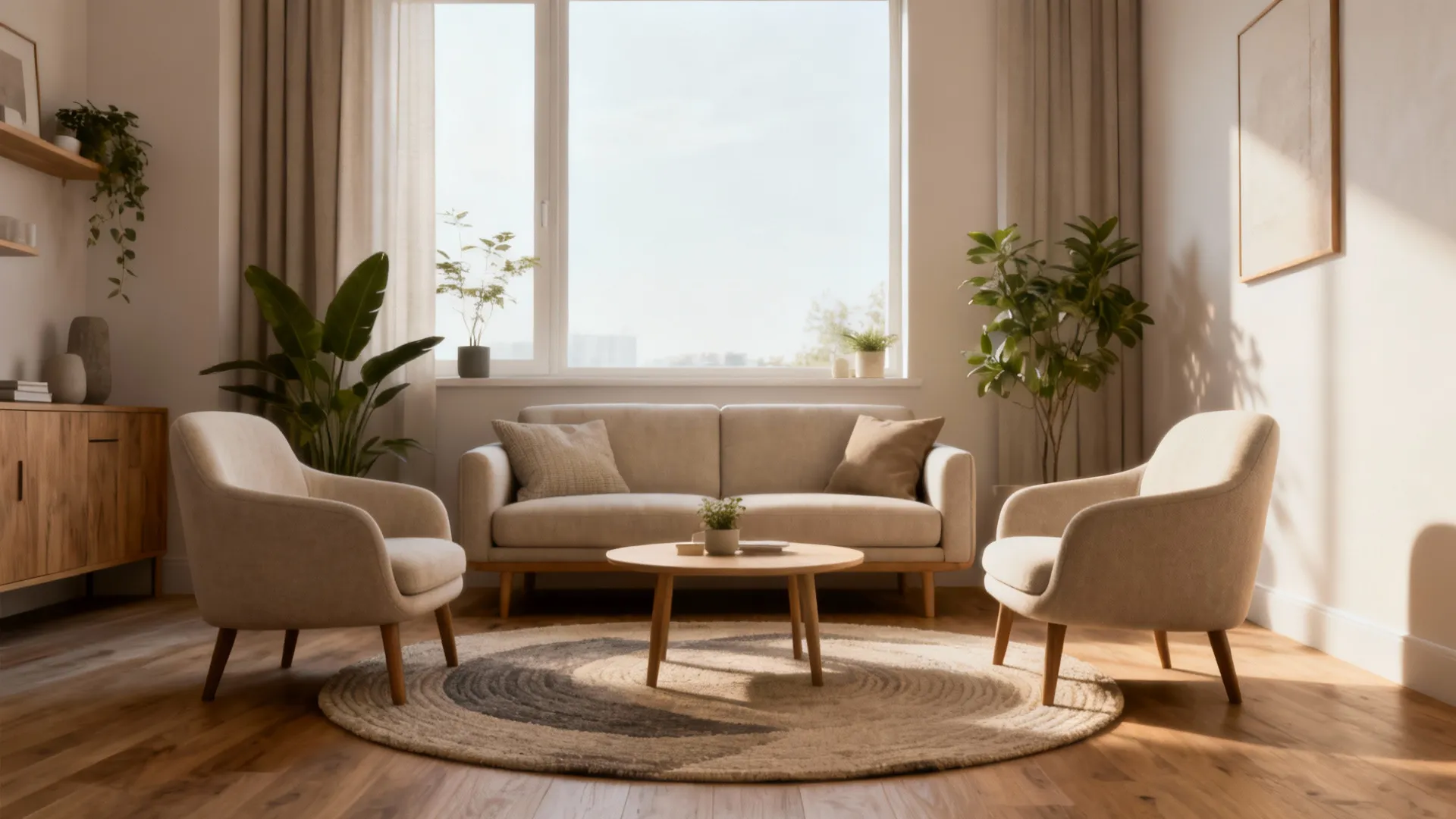 Small sofa paired with two accent chairs forming a conversation cluster in a small living room