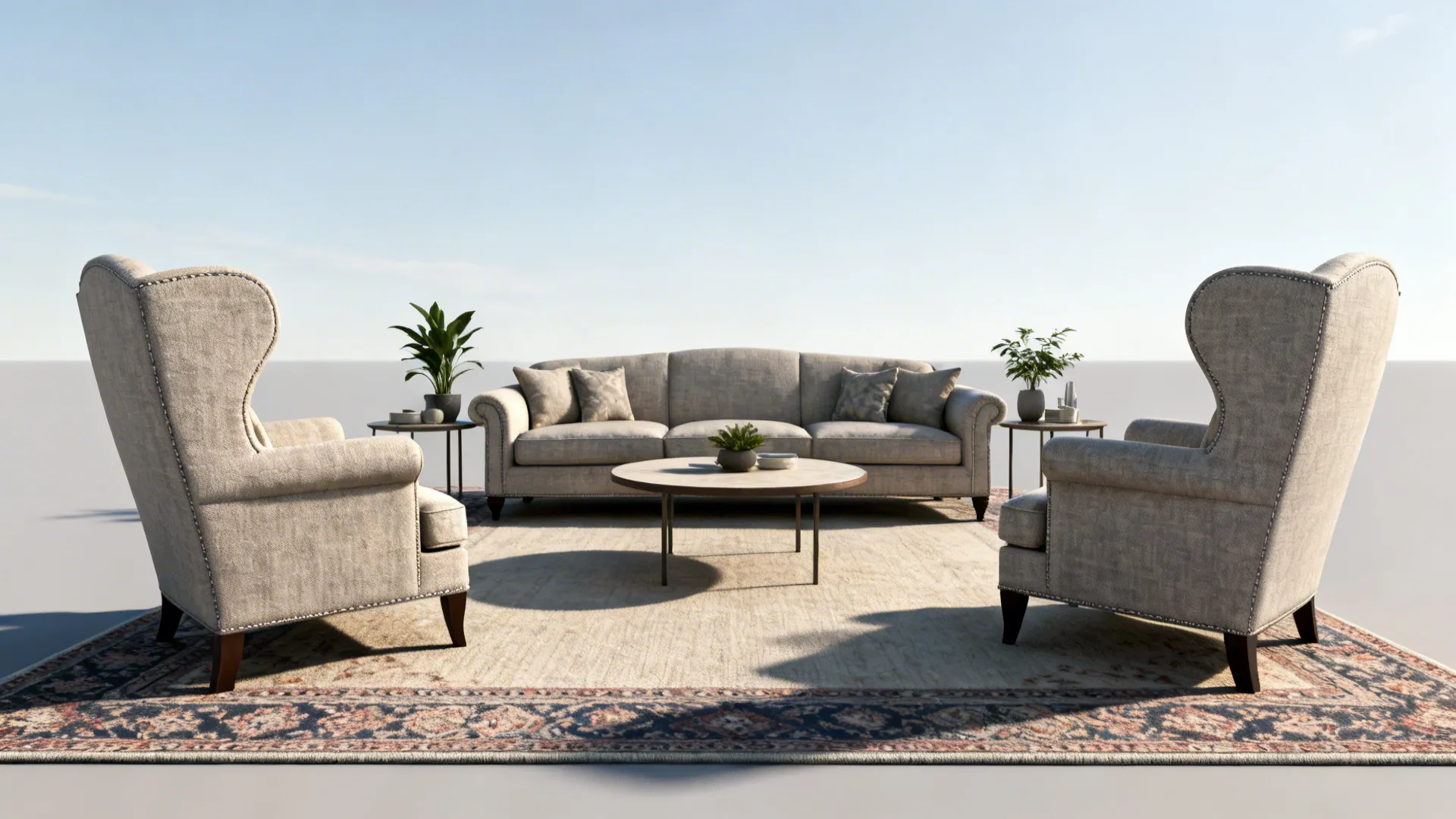 Bright living room furniture set with beige sofa two chairs coffee table and large rug
