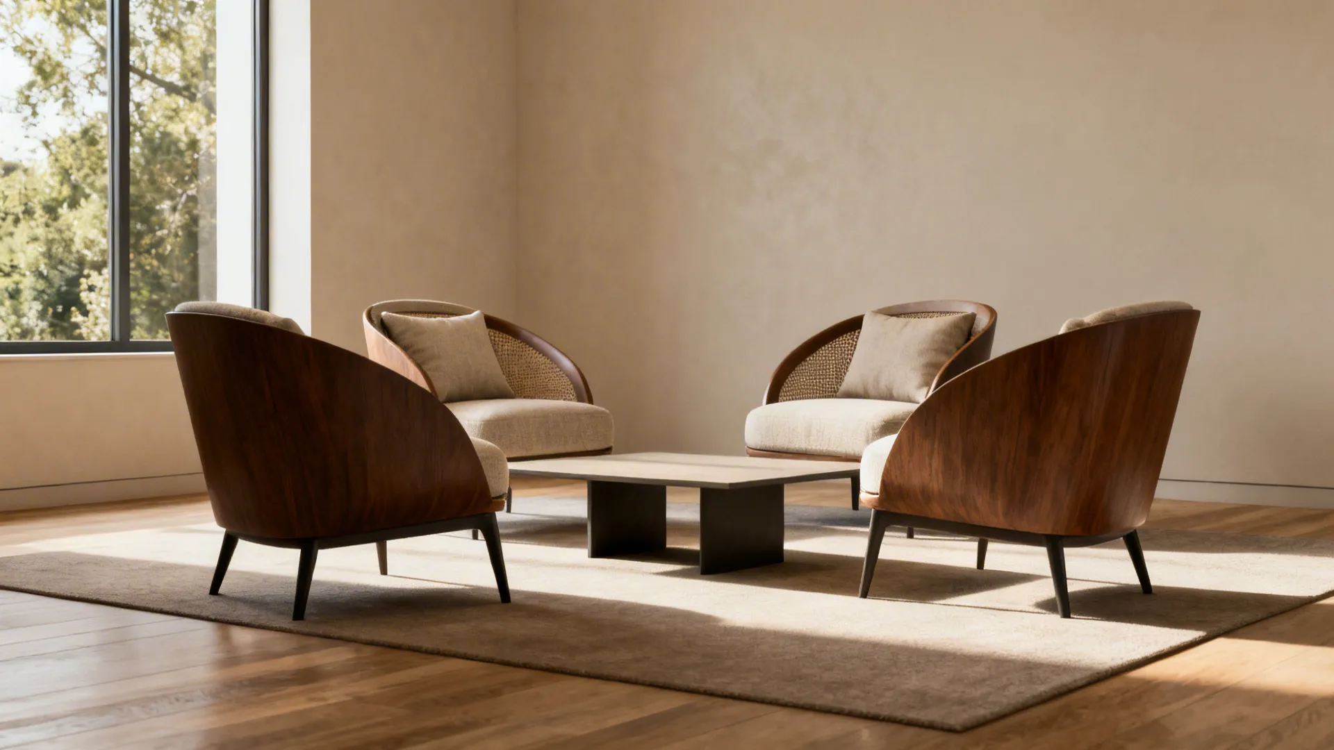 Four chairs arranged in a tight conversation cluster around a low coffee table in a small living room