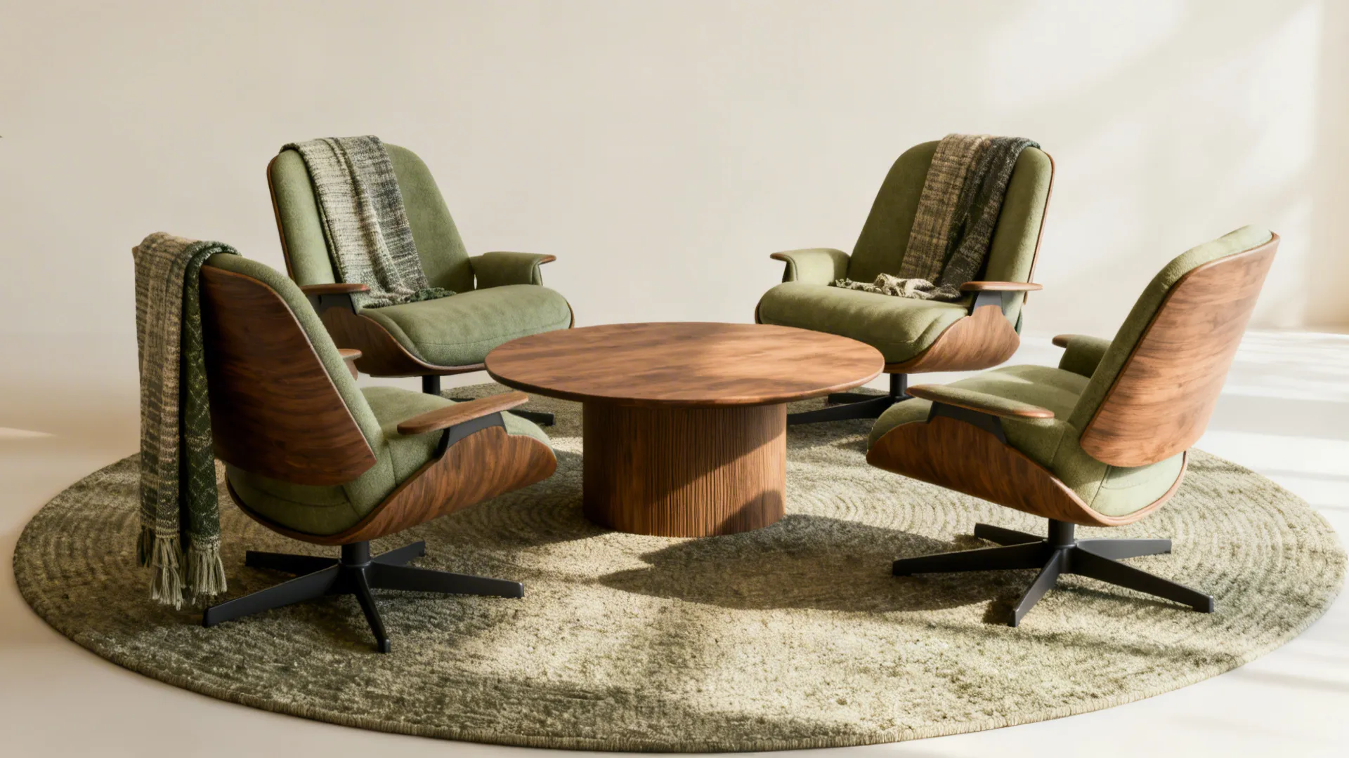 Four swivel chairs arranged around a round coffee table and textured rug for face-to-face interaction.