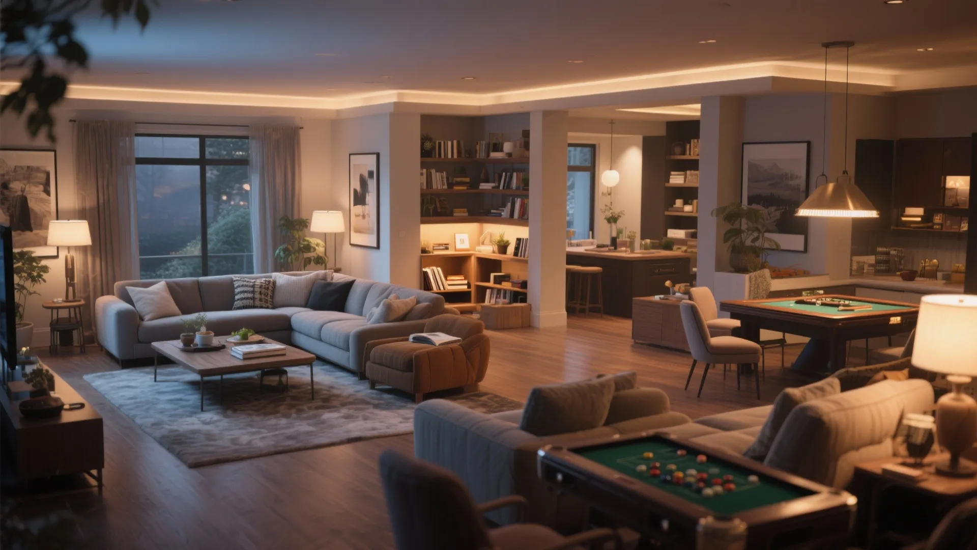 Large living room with multiple sofas pool table bookshelves and warm floor lights at night