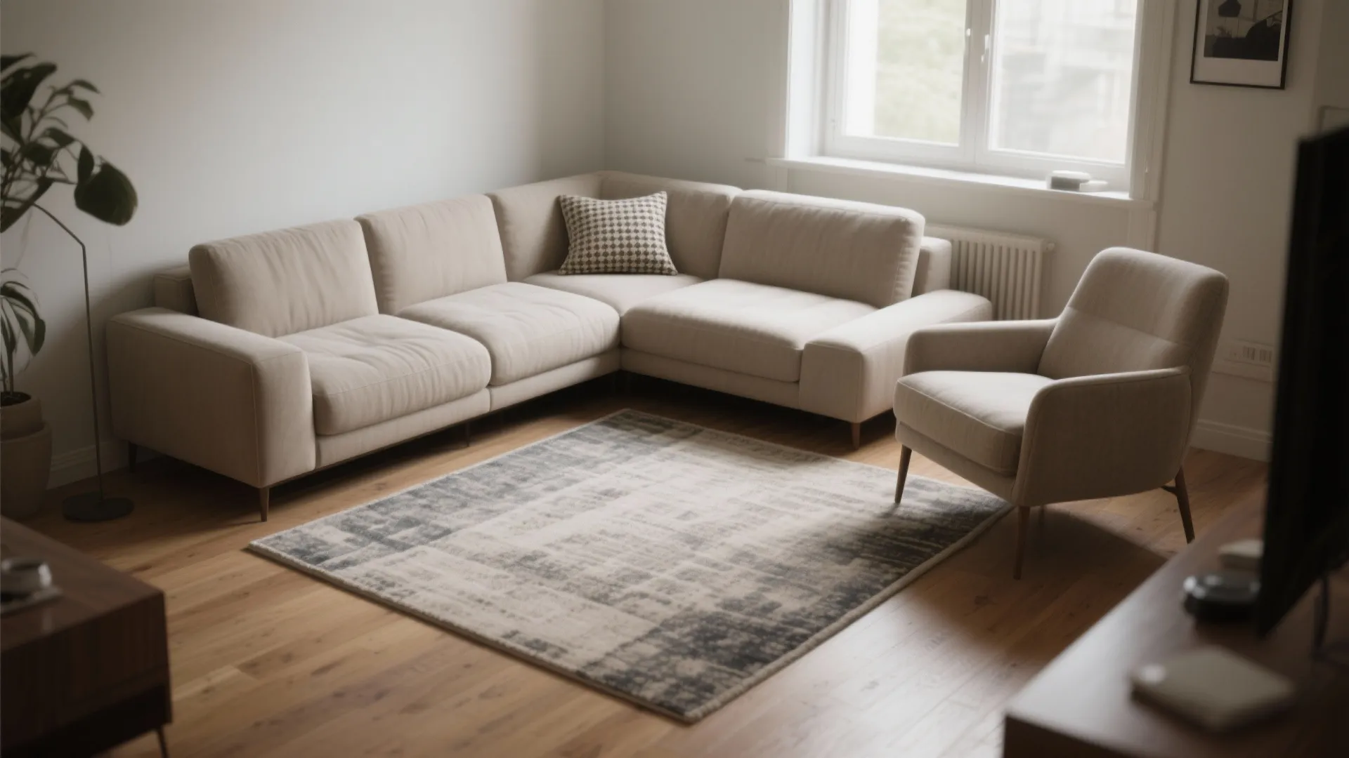 L-shaped corner sofa and a floating armchair creating a dedicated conversation corner in a small living room.