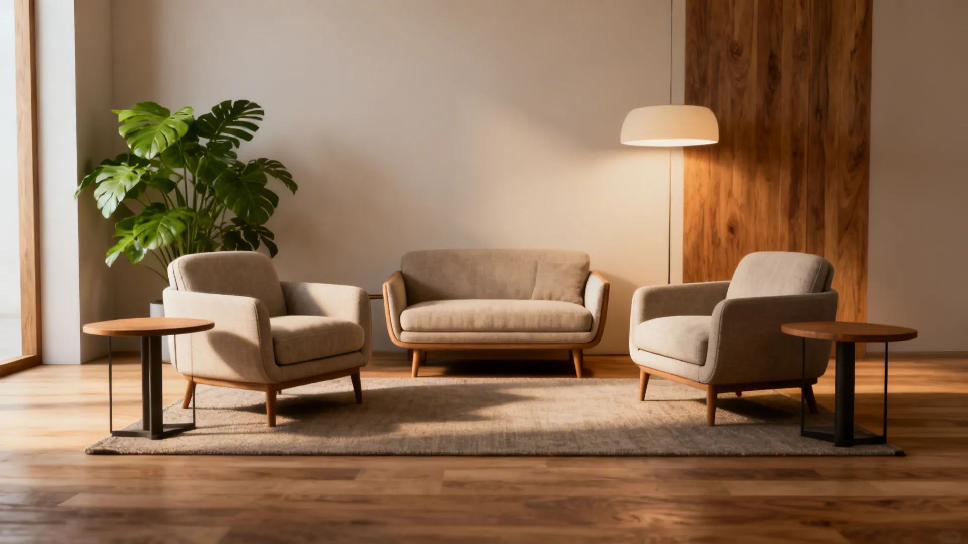 Two compact accent chairs and a small sofa forming a cozy conversation triangle with low-profile tables