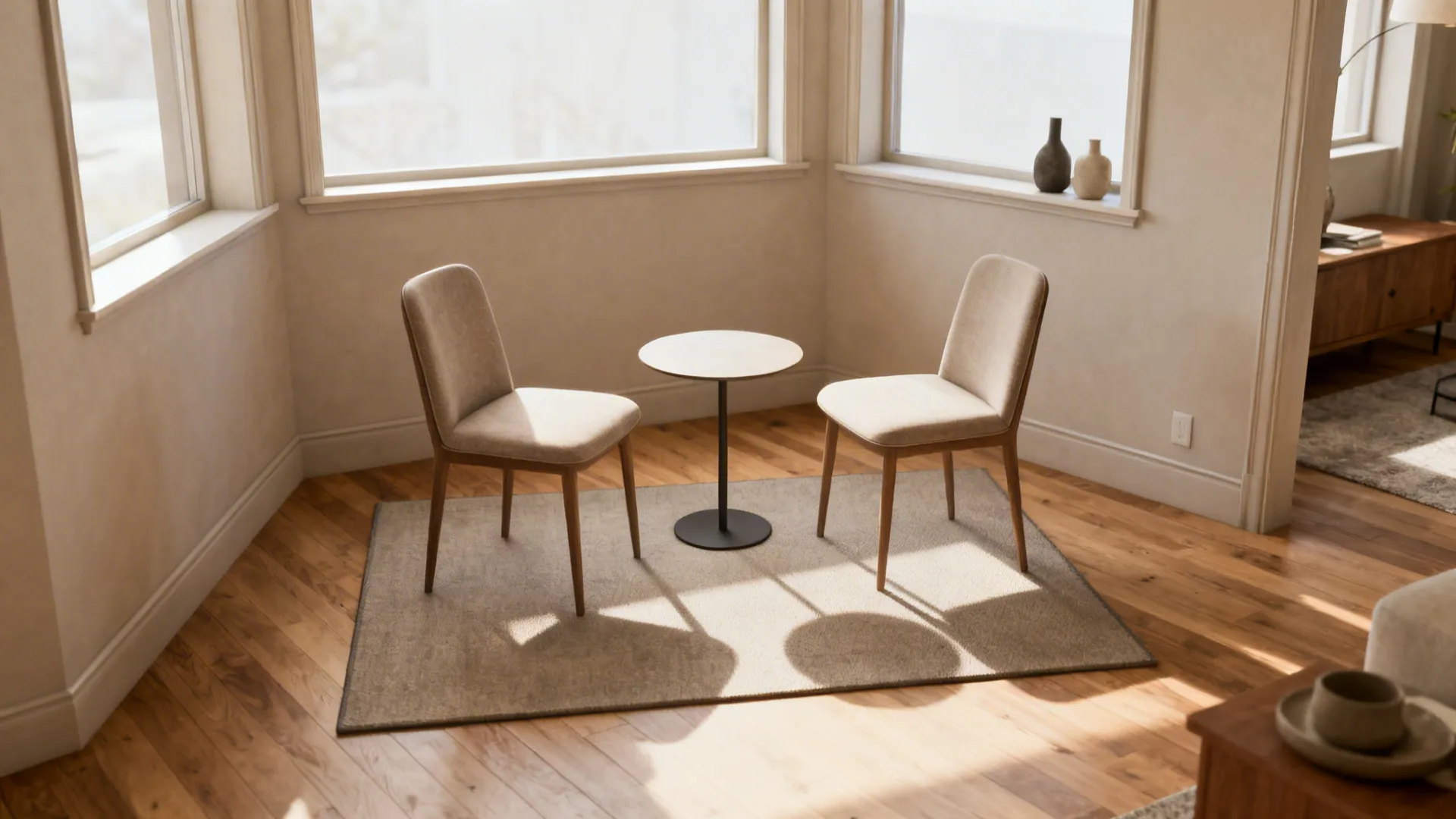 Bay window conversation corner with two slender armless chairs and a small round table