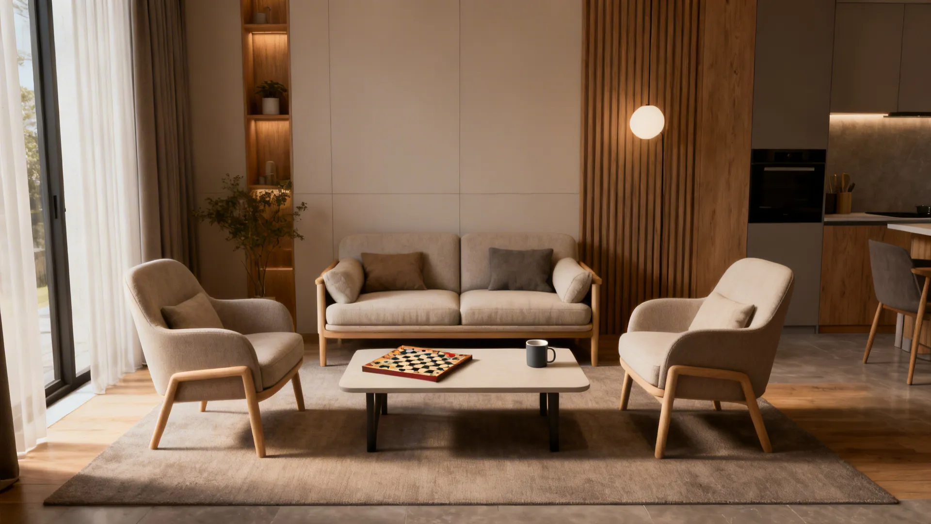 Conversation corner with two small sofas and accent chairs around a low coffee table.