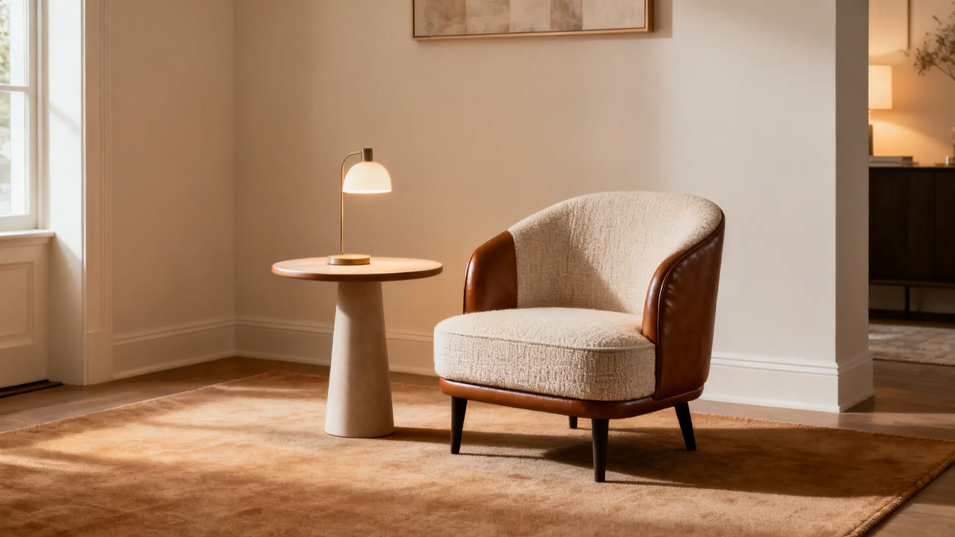 Conversation corner with a compact slipper chair, rounded side table, and small lamp in warm neutrals.