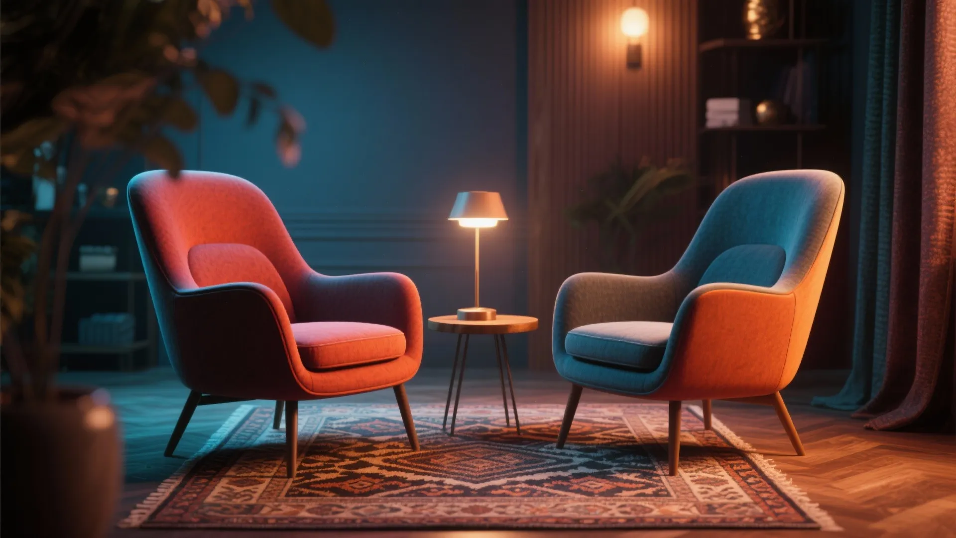 Two cozy armchairs facing each other with small side table and lamp on patterned rug