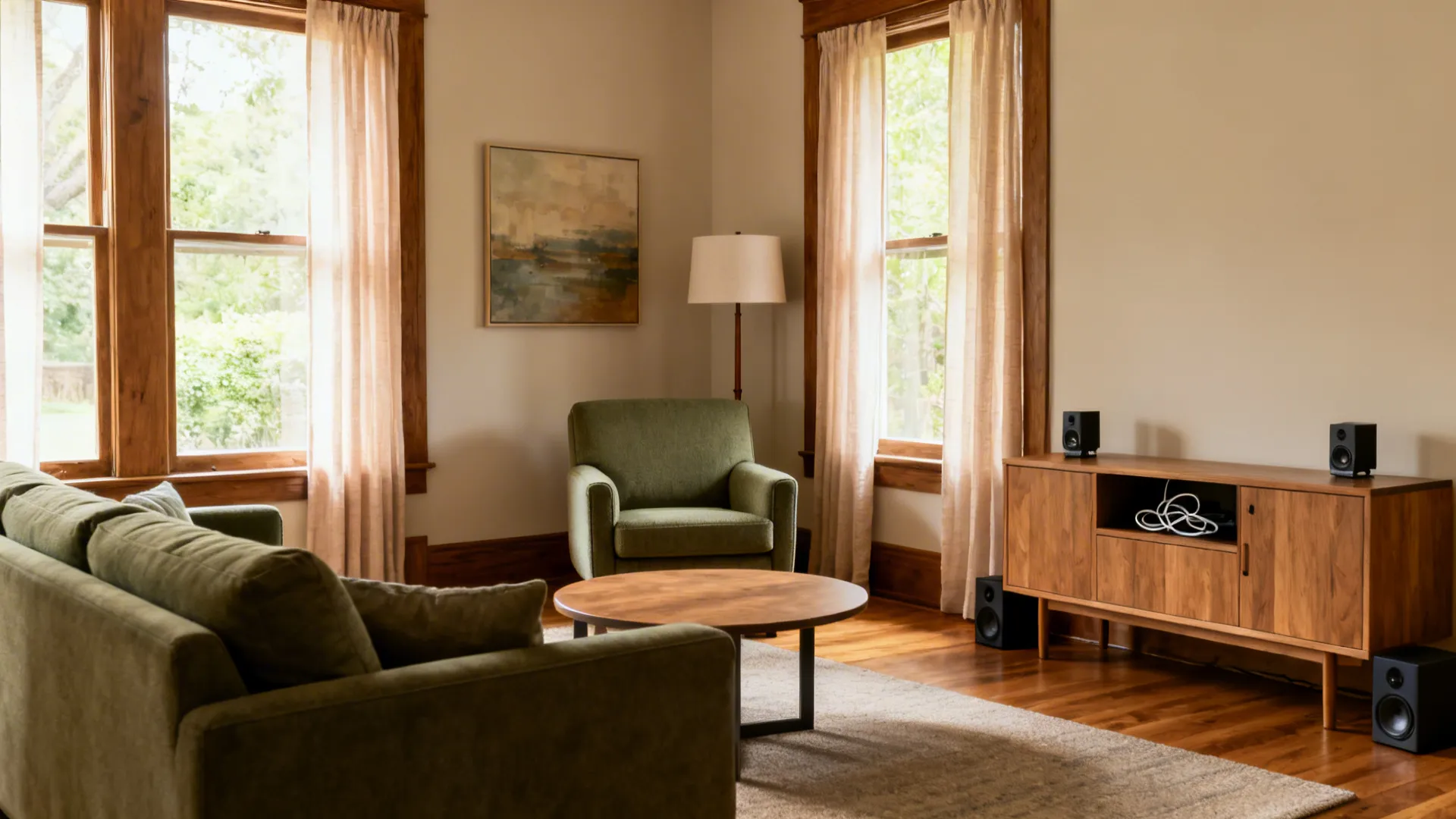 Conversation-first layout with sofa, lounge chair, round table, and a discreet corner media cabinet.