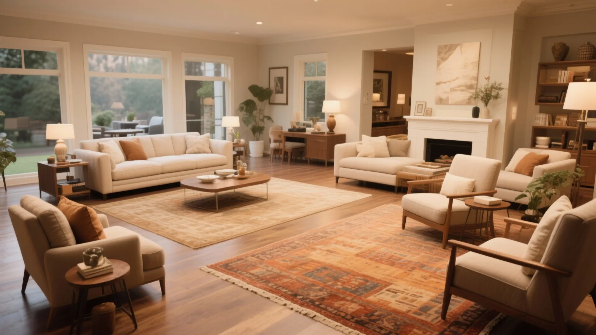 Living room seating arranged for intimate conversation zones