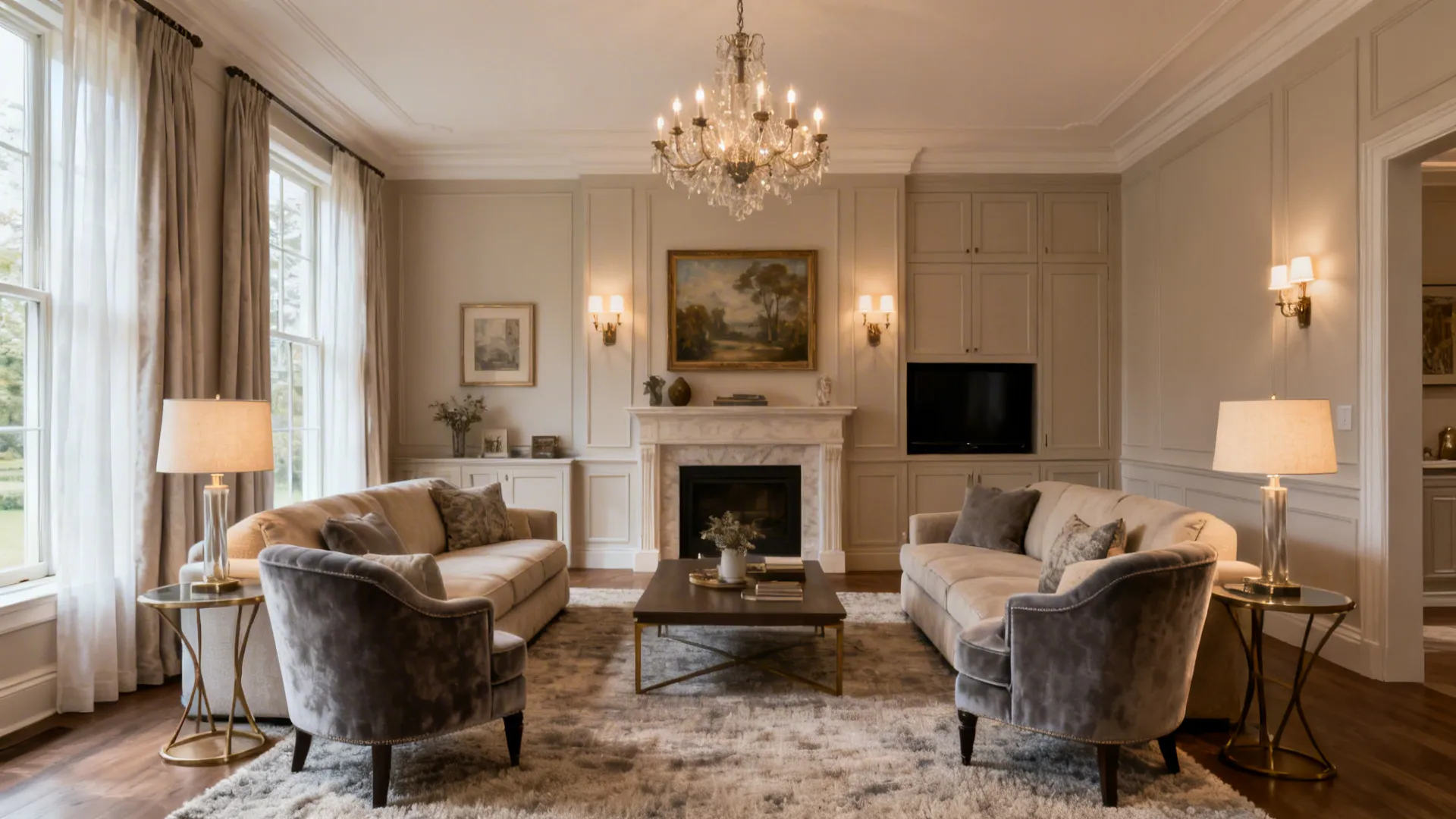 Symmetrical drawing room with seating facing each other and layered lights for conversation.