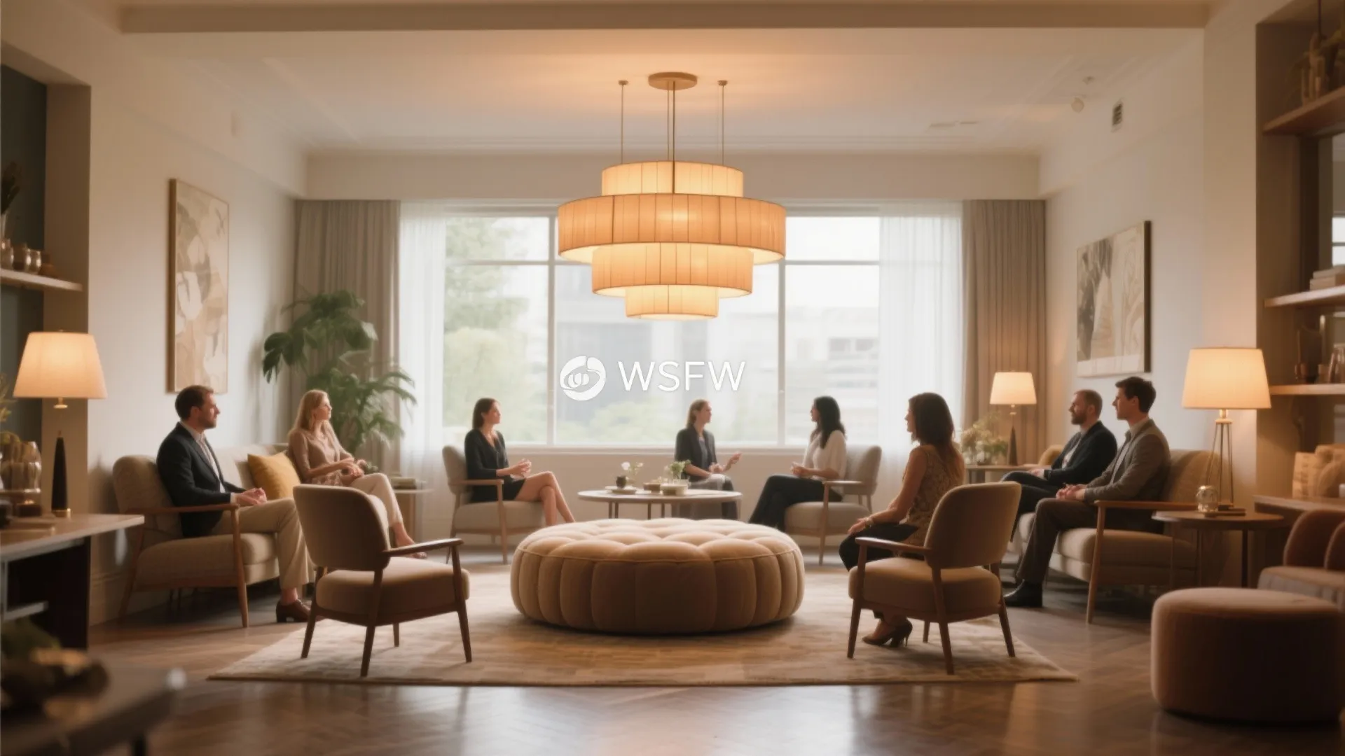 Central ottoman with chairs for socializing in party room