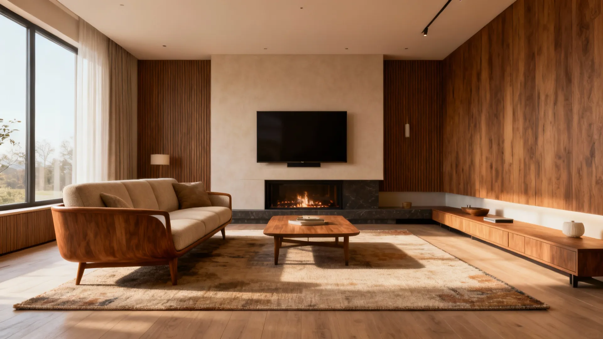 Sofa facing a focal point anchored by a large rug and low console in a cozy living room.