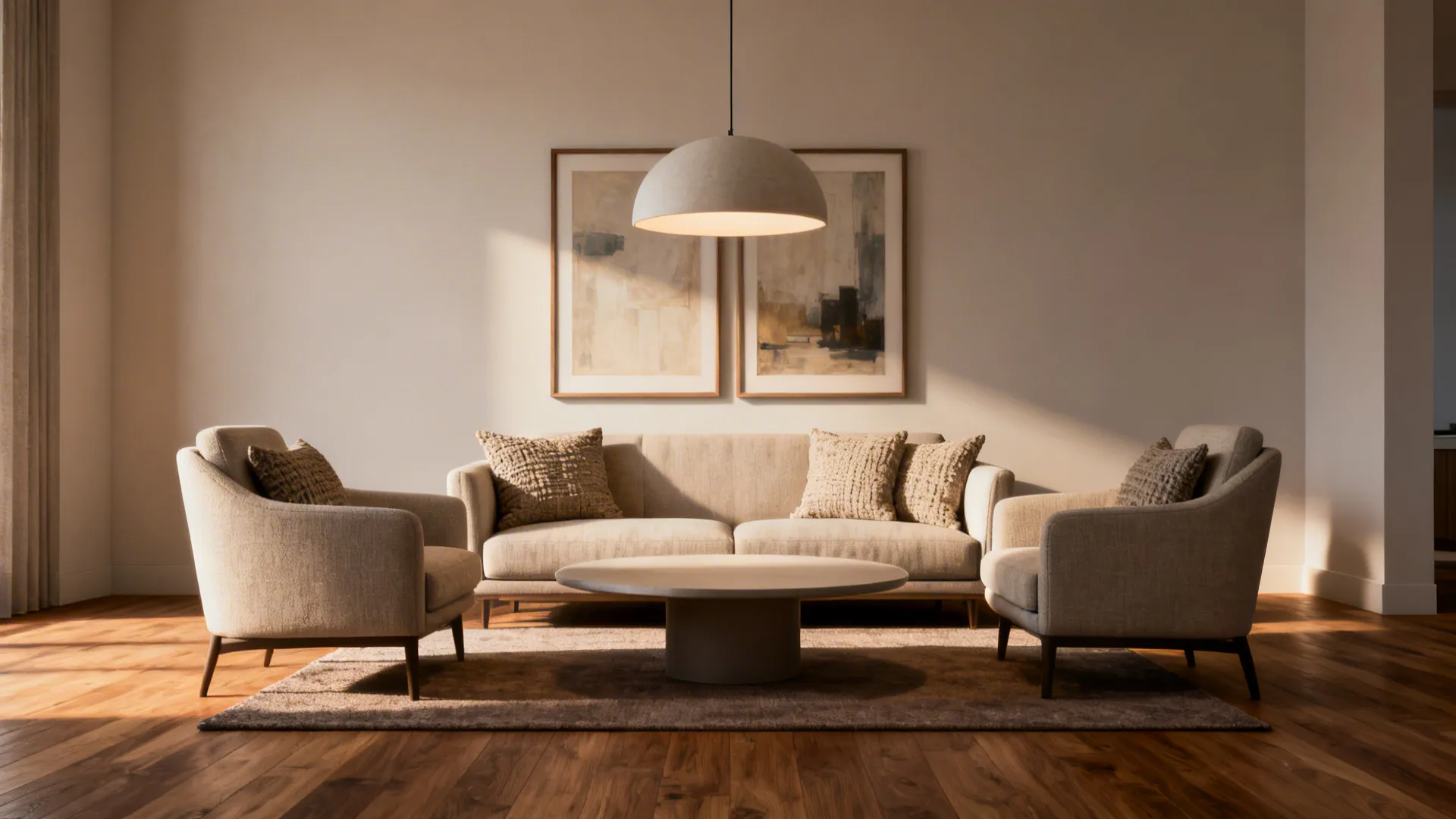 Living room conversation island with sofa, two chairs and a central coffee table on a rug.