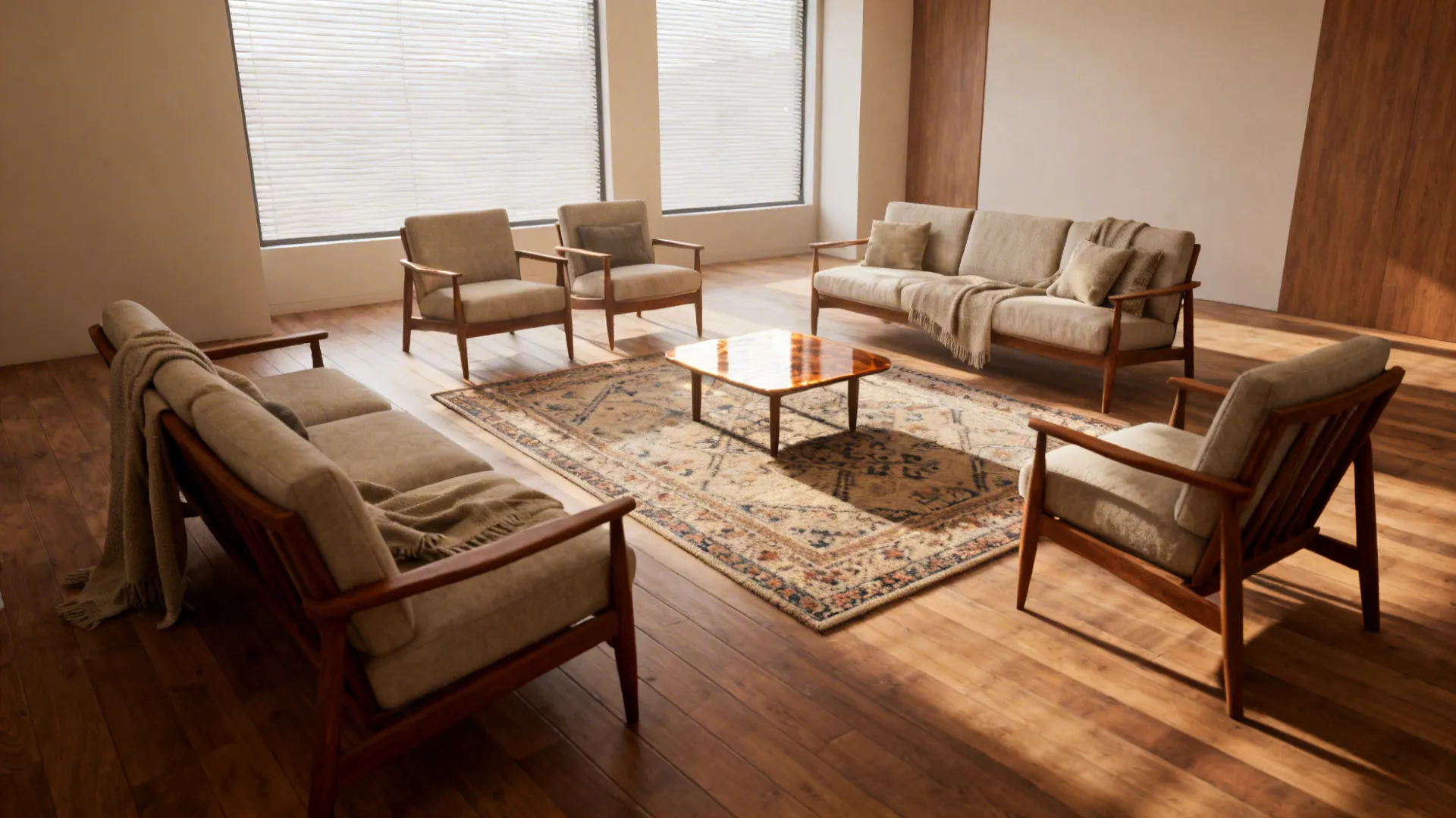 Small living room conversation island with islanded seating around a rug and coffee table