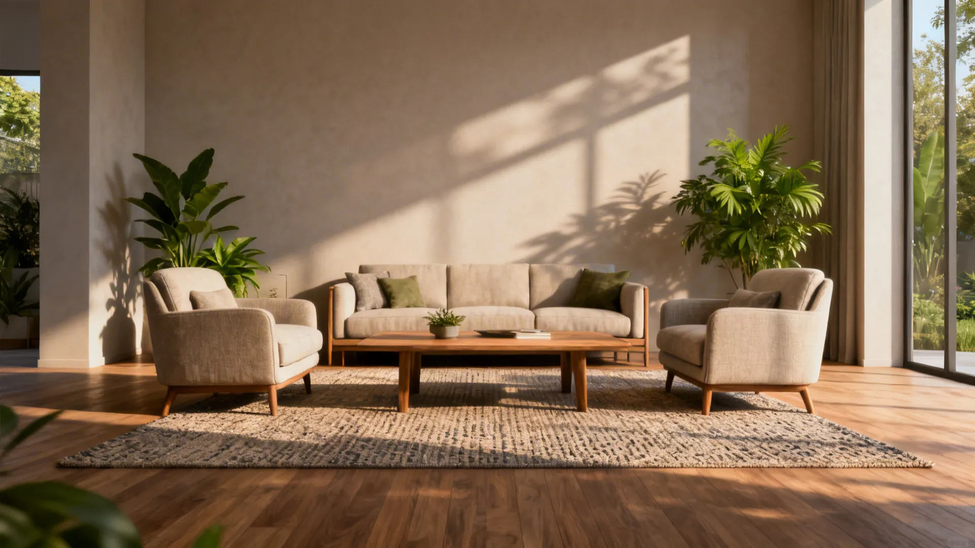 Living room with sofa and chairs facing each other around a coffee table, showing clear walkways