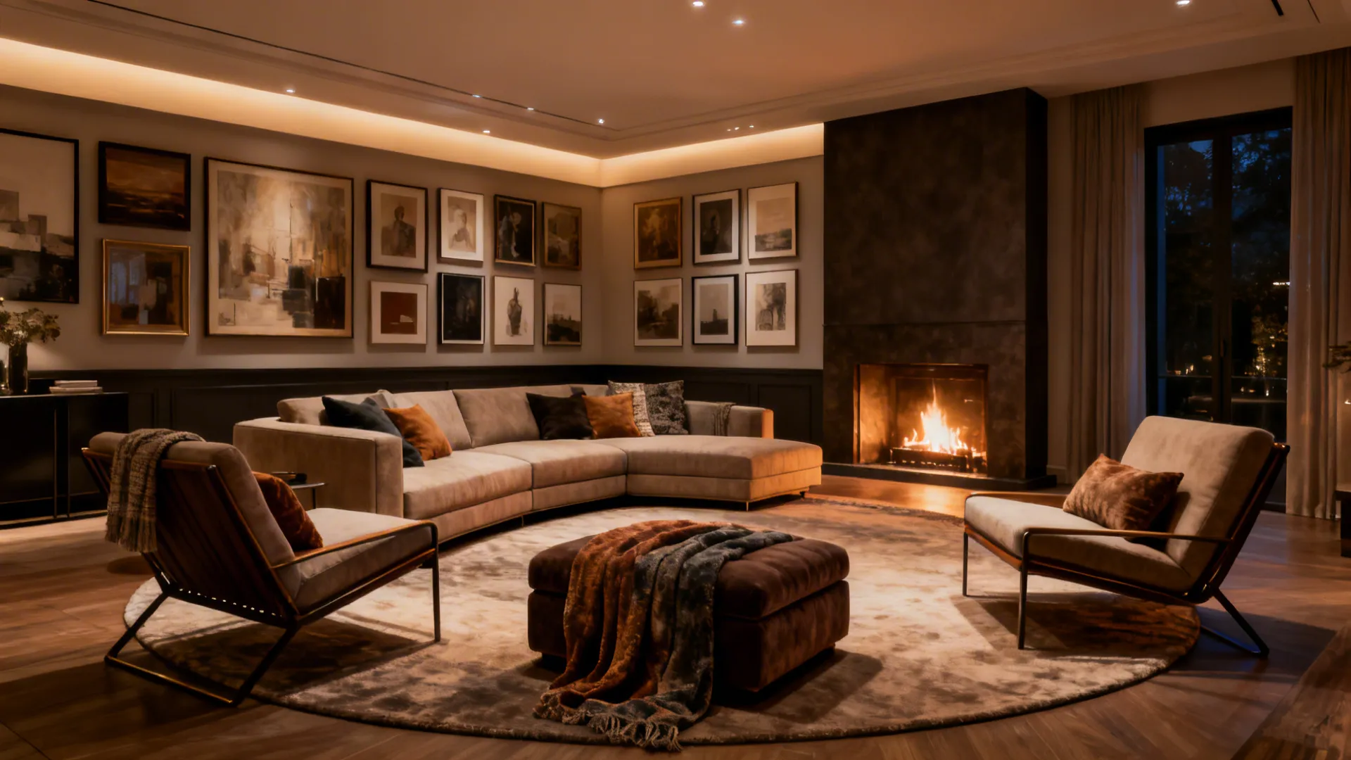Cozy living room at night with large sofa round rug two chairs and lit fireplace