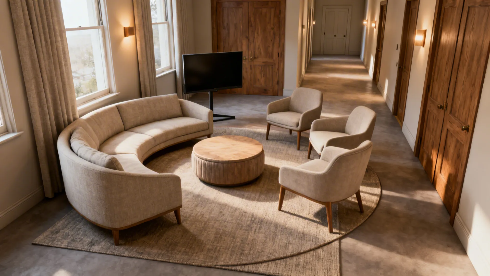 Angled seating with a round ottoman forms a cozy conversation hub in a narrow drawing room.