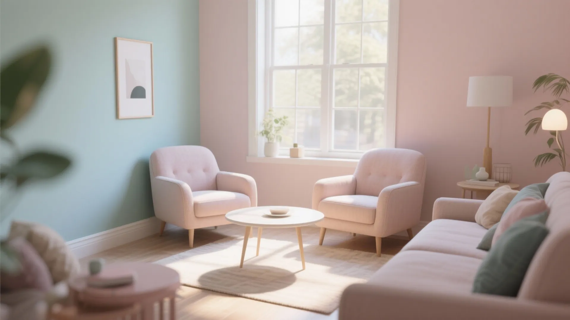 Cozy seating area with pink armchairs and white coffee table against blue and pink walls