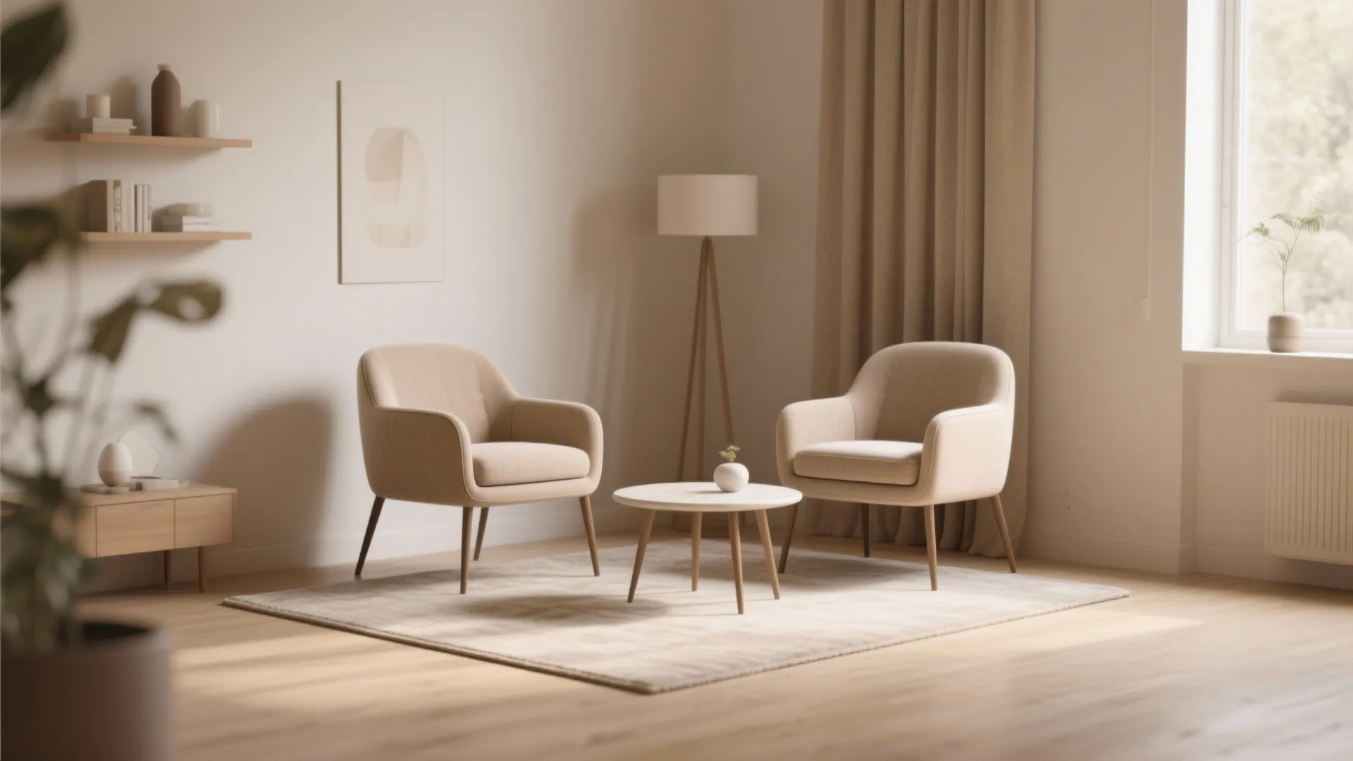 Cozy seating area with two beige chairs round coffee table floor lamp and long window curtain