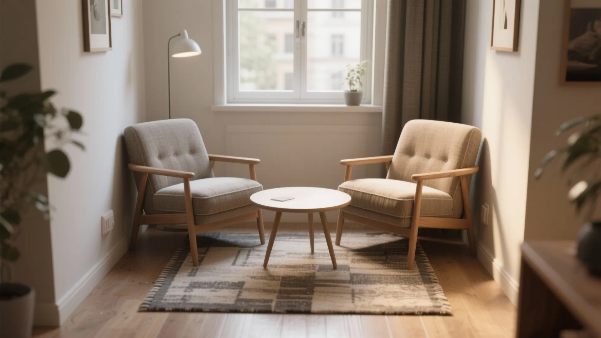 Angled armchairs around a round table forming an intimate conversation nook in a small flat.