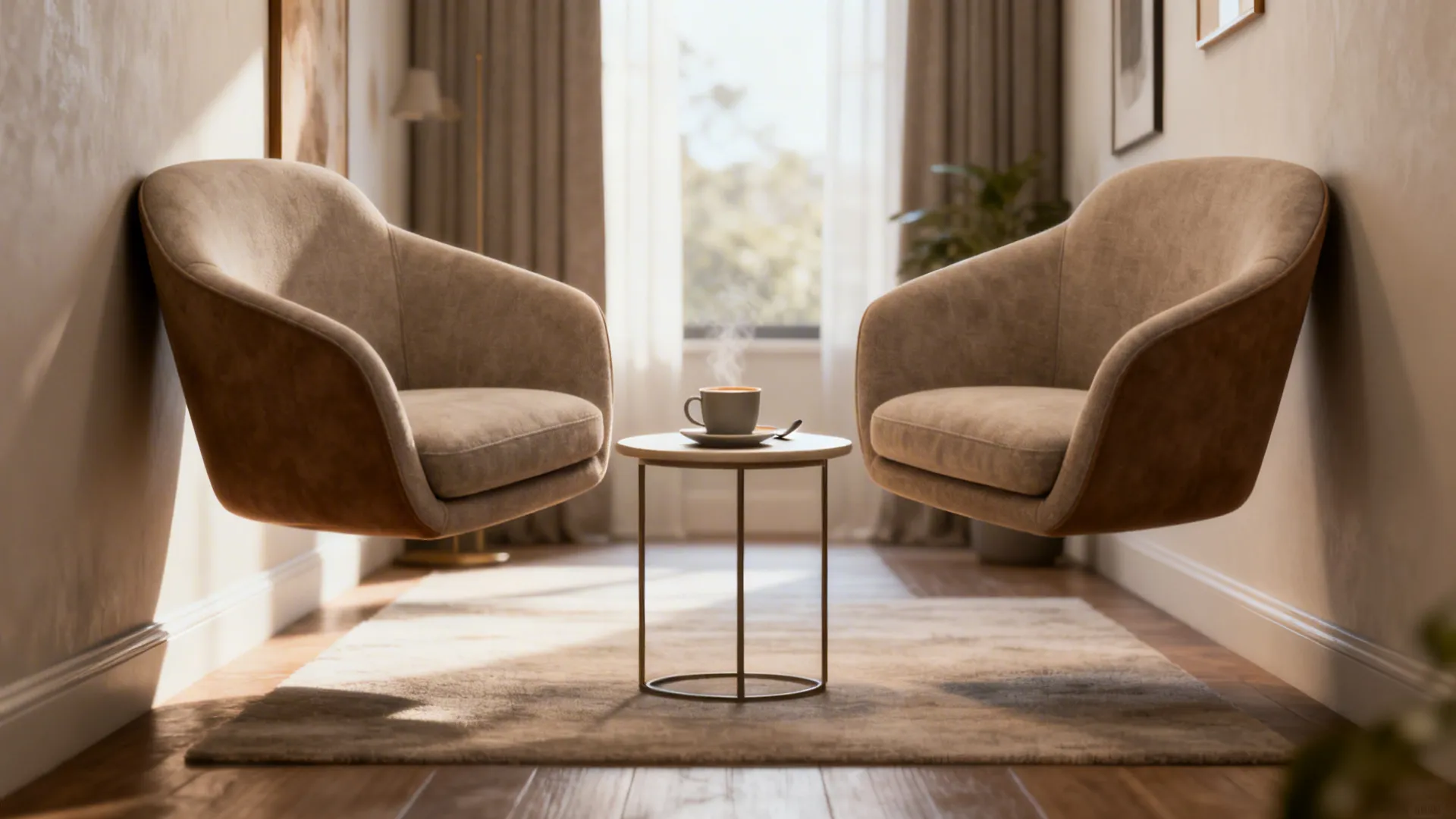Narrow living room with two accent chairs angled toward each other and a small side table forming a conversation nook