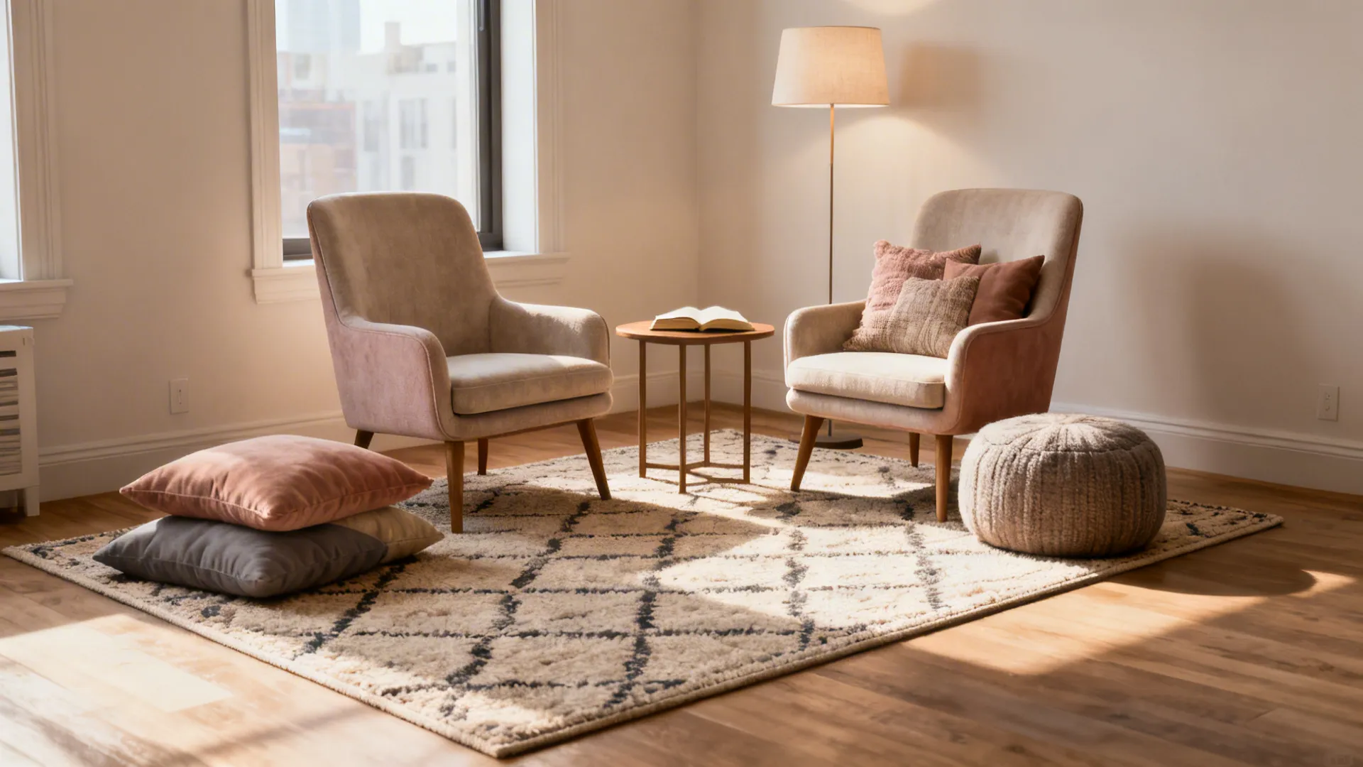 Two beige armchairs and small wooden table on patterned rug with lamp and floor pillows