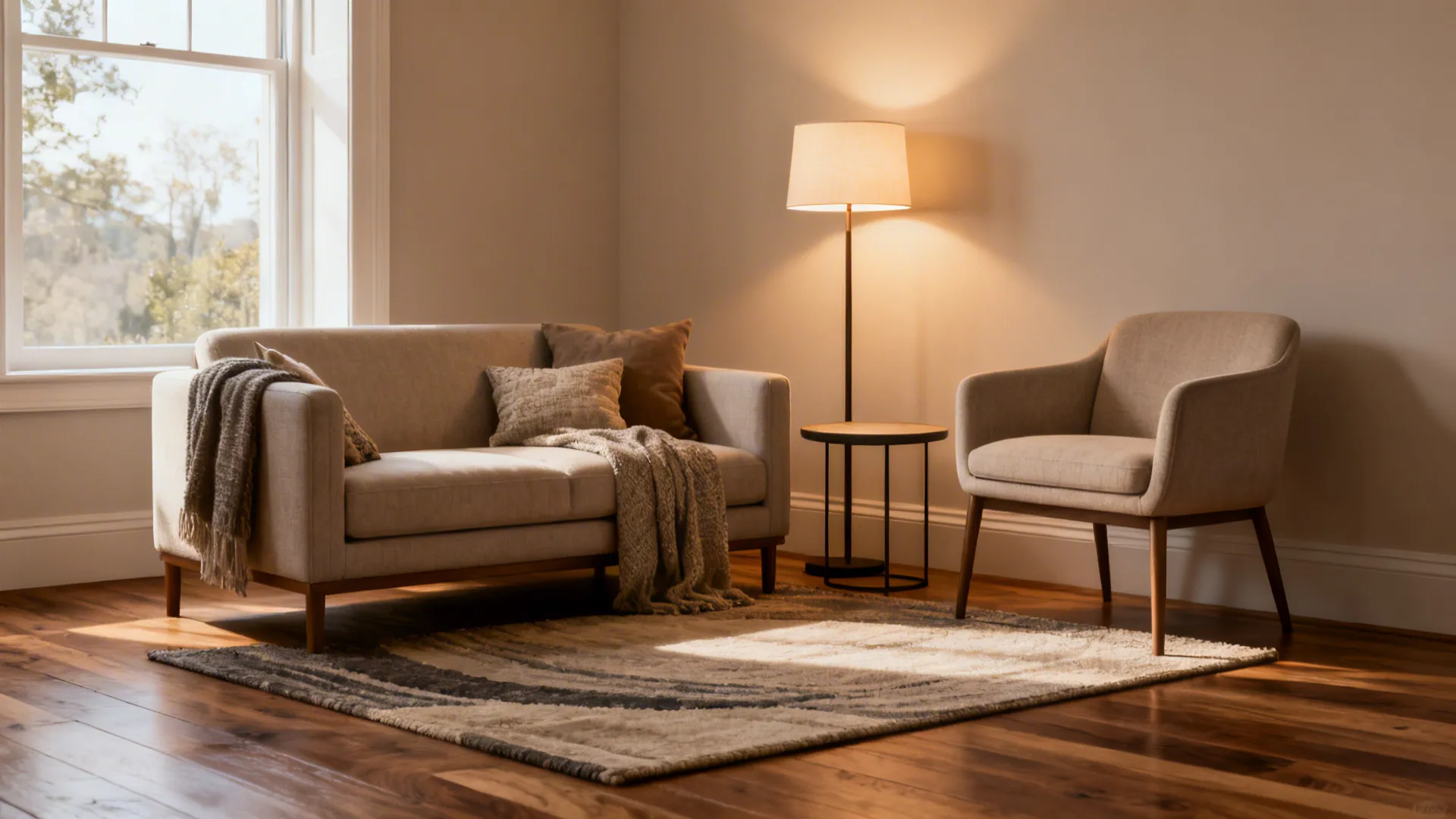 Living room corner featuring beige sofa, armchair, side table, floor lamp, rug, and natural light