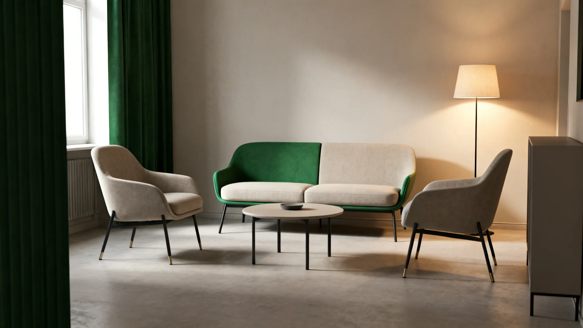 Conversation nook with slim sofa and two narrow accent chairs around a small coffee table