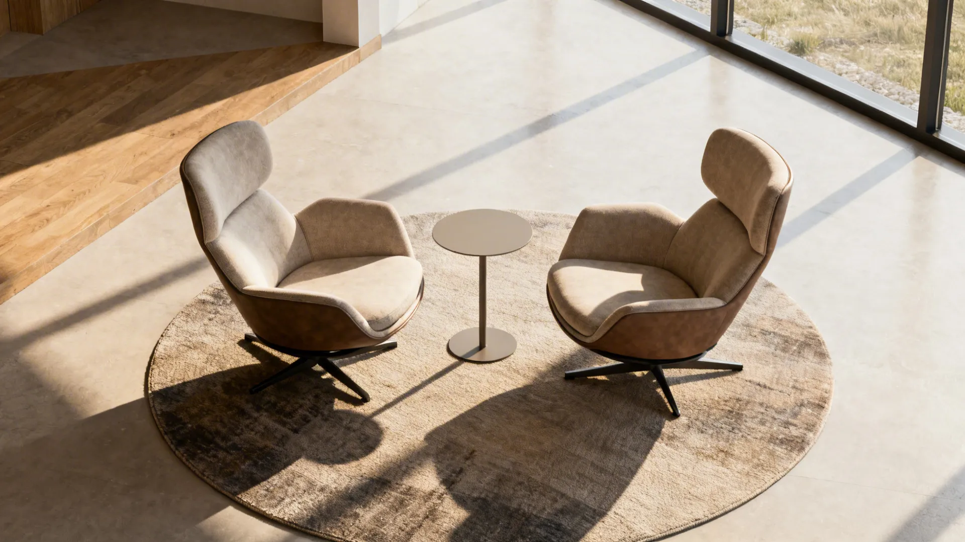 Top-down view of a conversation nook with swivel-and-tilt chairs around a small side table and clear rotation space.