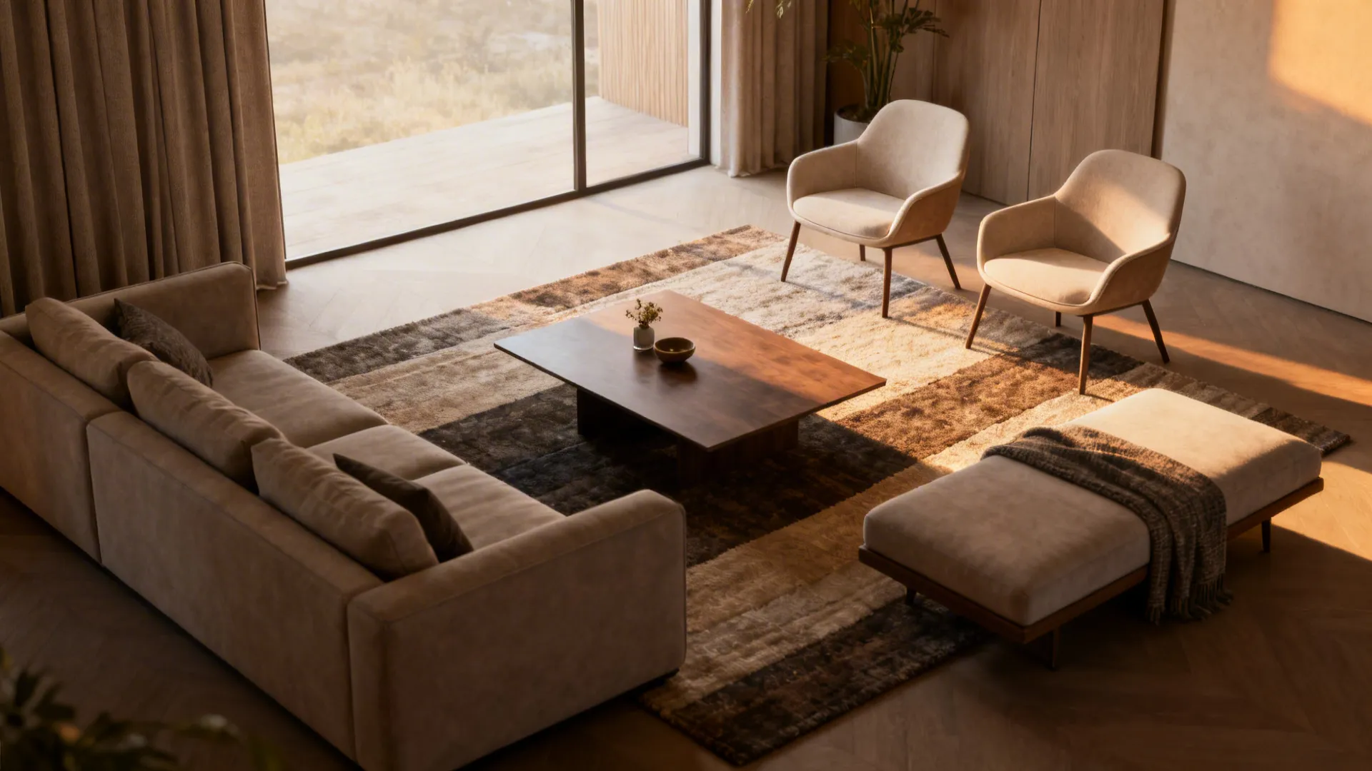 Cozy conversation nook with an L-shaped sofa, coffee table, and two lightweight chairs creating an intimate seating zone.