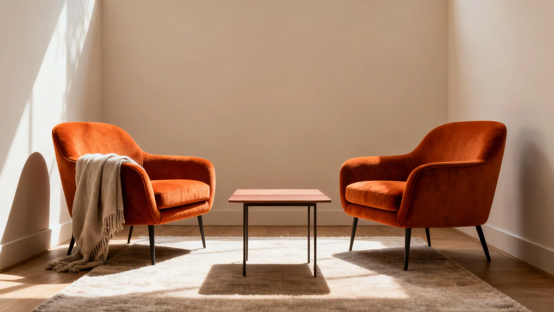 Two burnt orange chairs facing each other with a slim coffee table creating a cozy conversation nook.