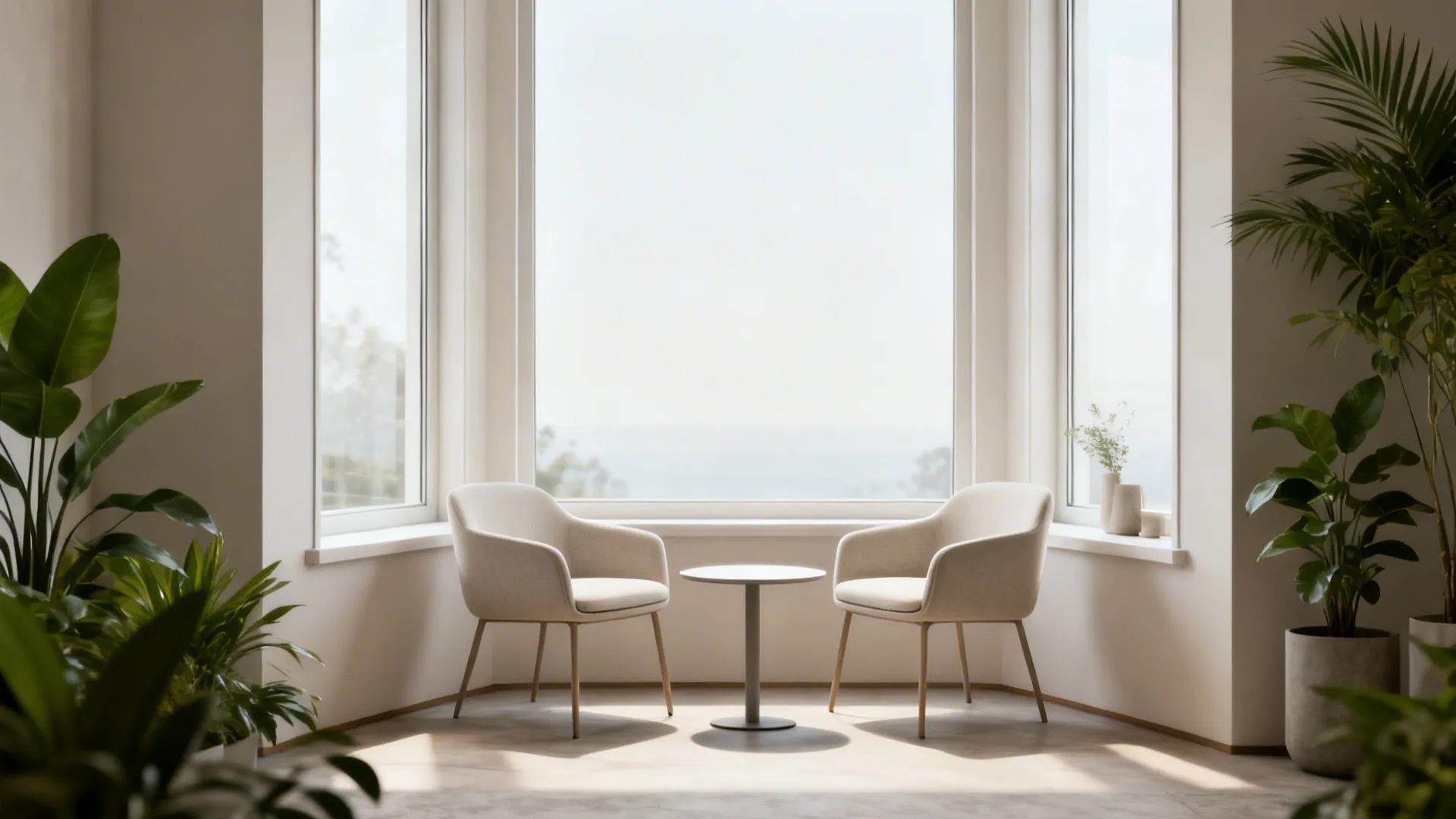 Two slim armchairs and a narrow table forming a compact conversation nook in a bay window