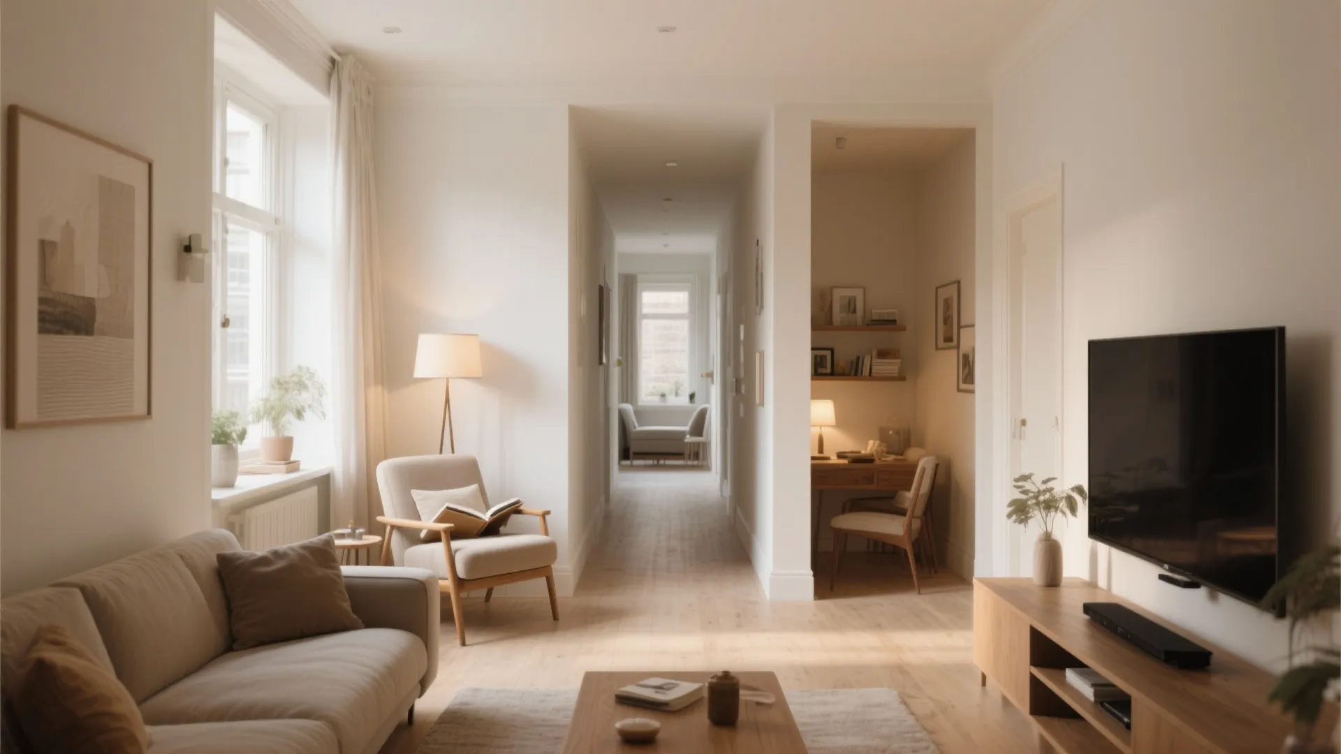 Modern open plan living room with grey sofa armchair wooden floor long hallway and natural light