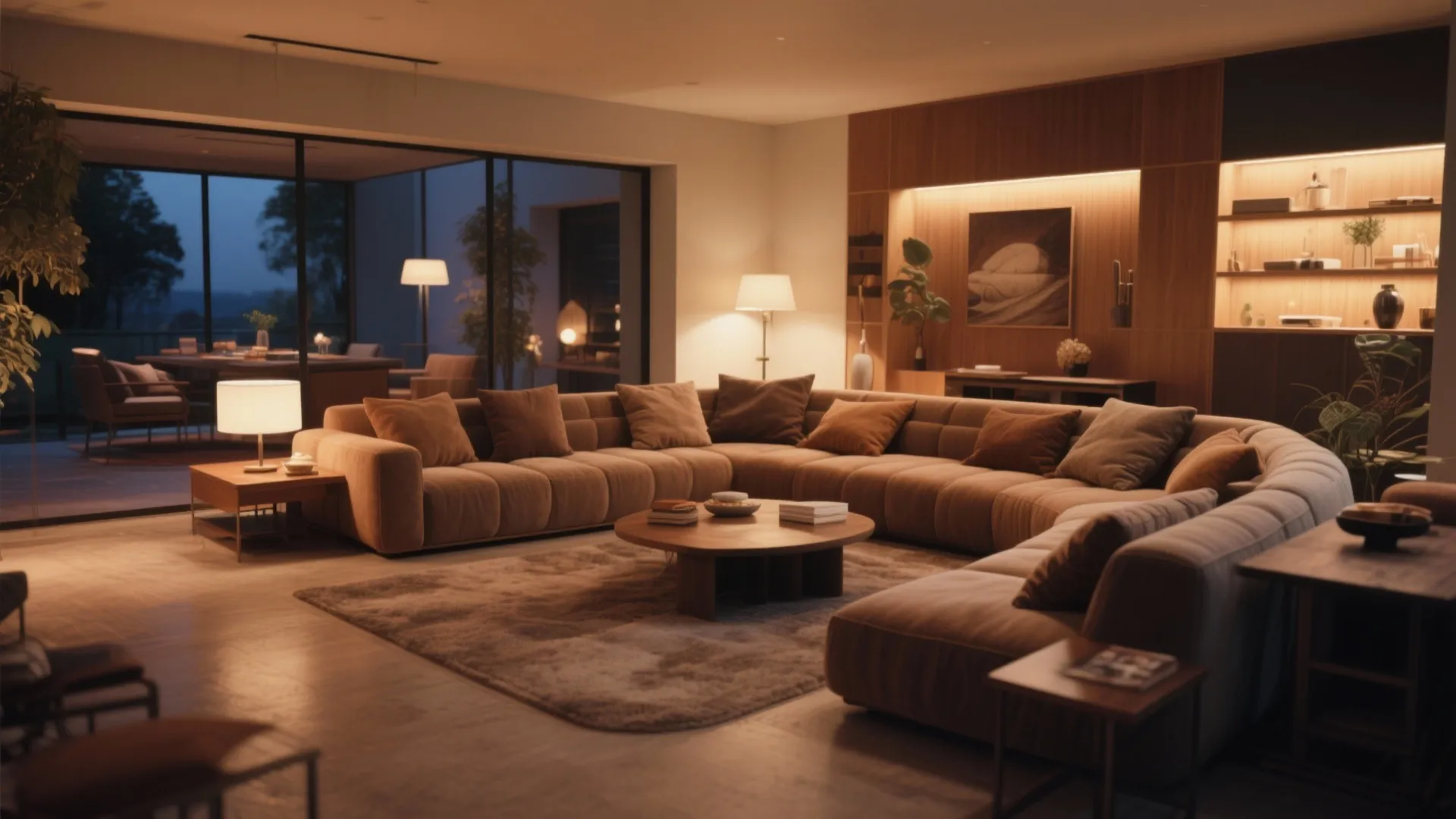Modern warm living room with large brown sectional sofa round wooden table and built in shelving