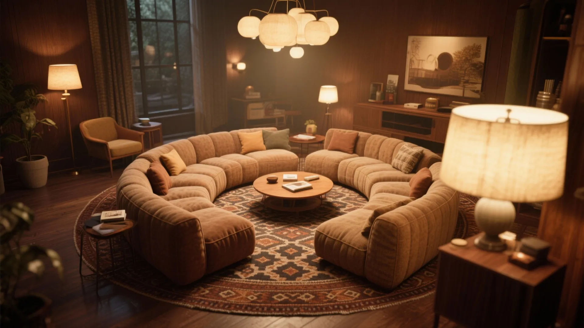 Warm cozy room featuring circular brown sofa round carpet ceiling light and several small table lamps