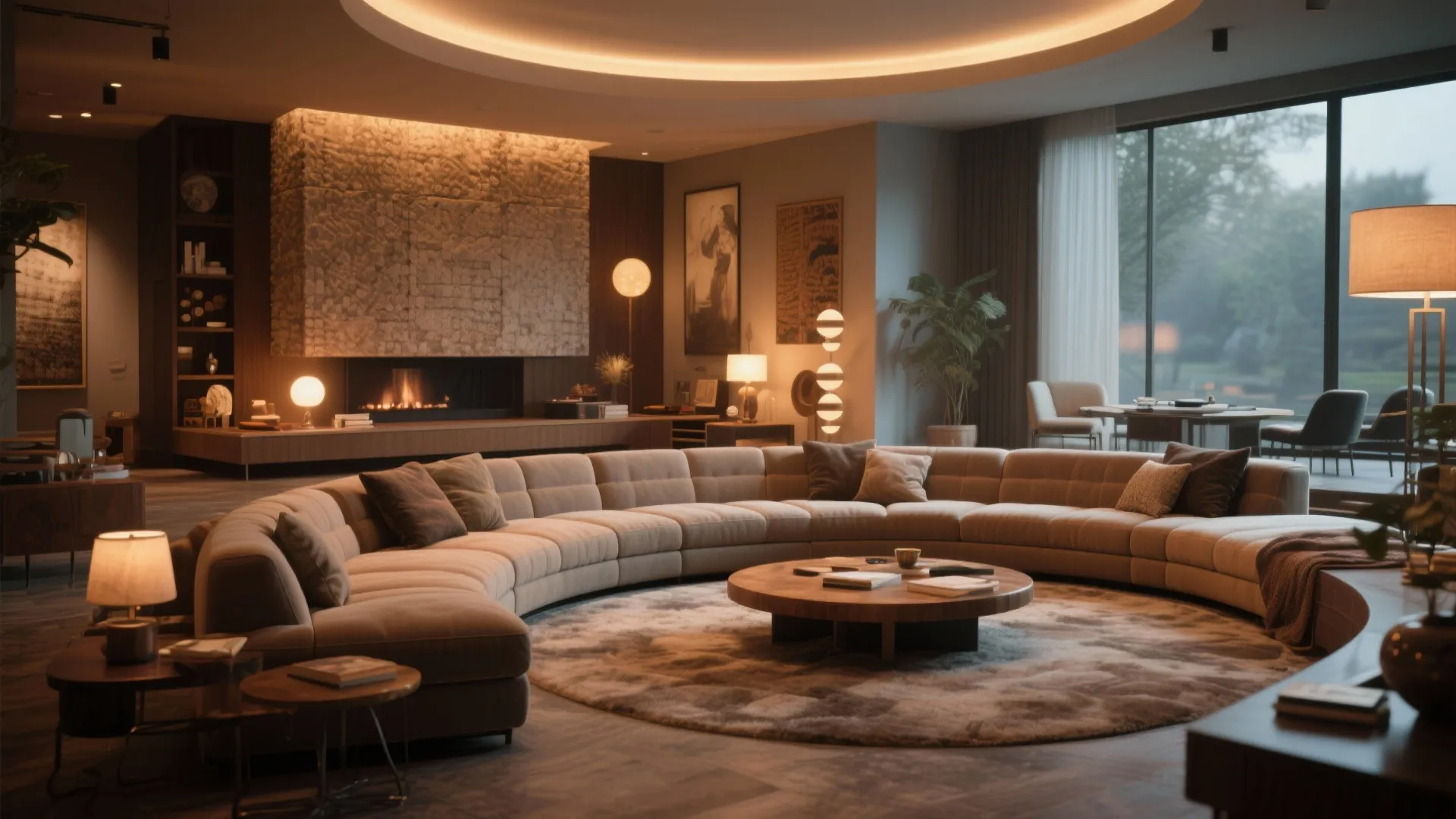 Large circular sofa in warm living room with fireplace round coffee table and floor lamps