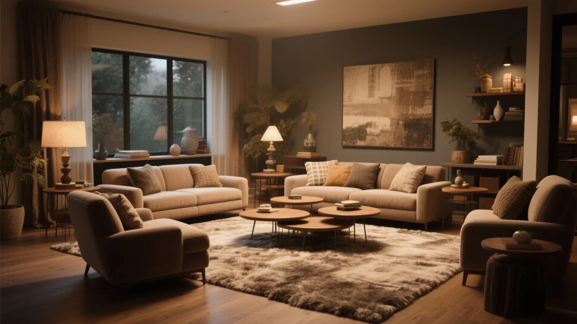 Cozy living room featuring green walls beige sofas plush rug and multiple round wooden tables