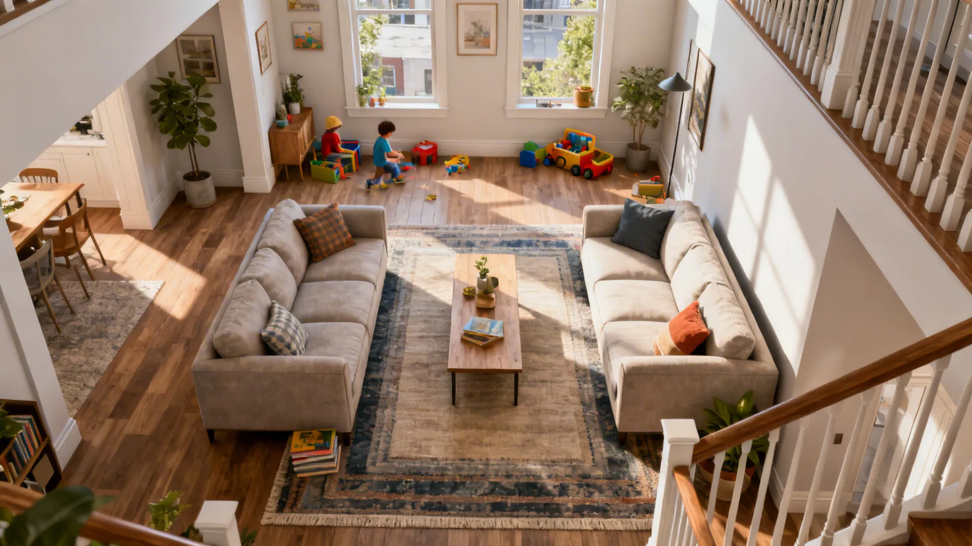 Two sofas facing each other with a narrow coffee table creating a cozy conversation area.