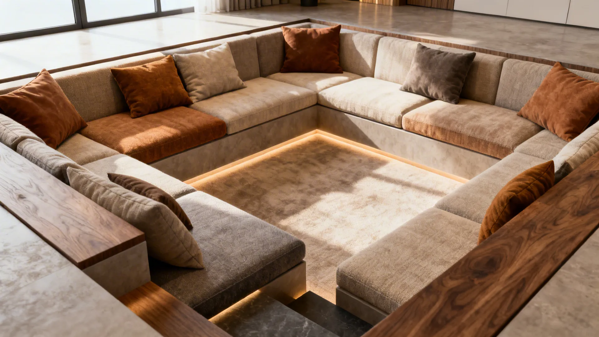 Conversation pit with layered seating, custom cushions and a single retained step as a design cue.